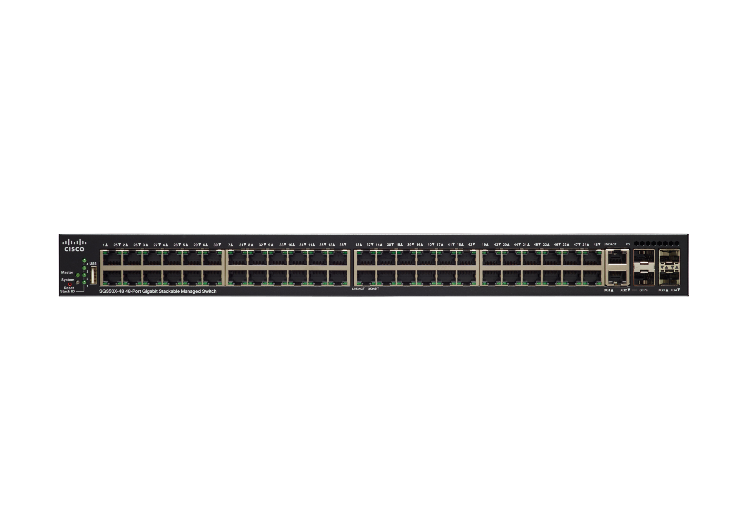 Schwarzer Cisco-Netzwerk-Switch mit zahlreichen Anschlüssen und Cisco-Logo. Weißer Hintergrund.