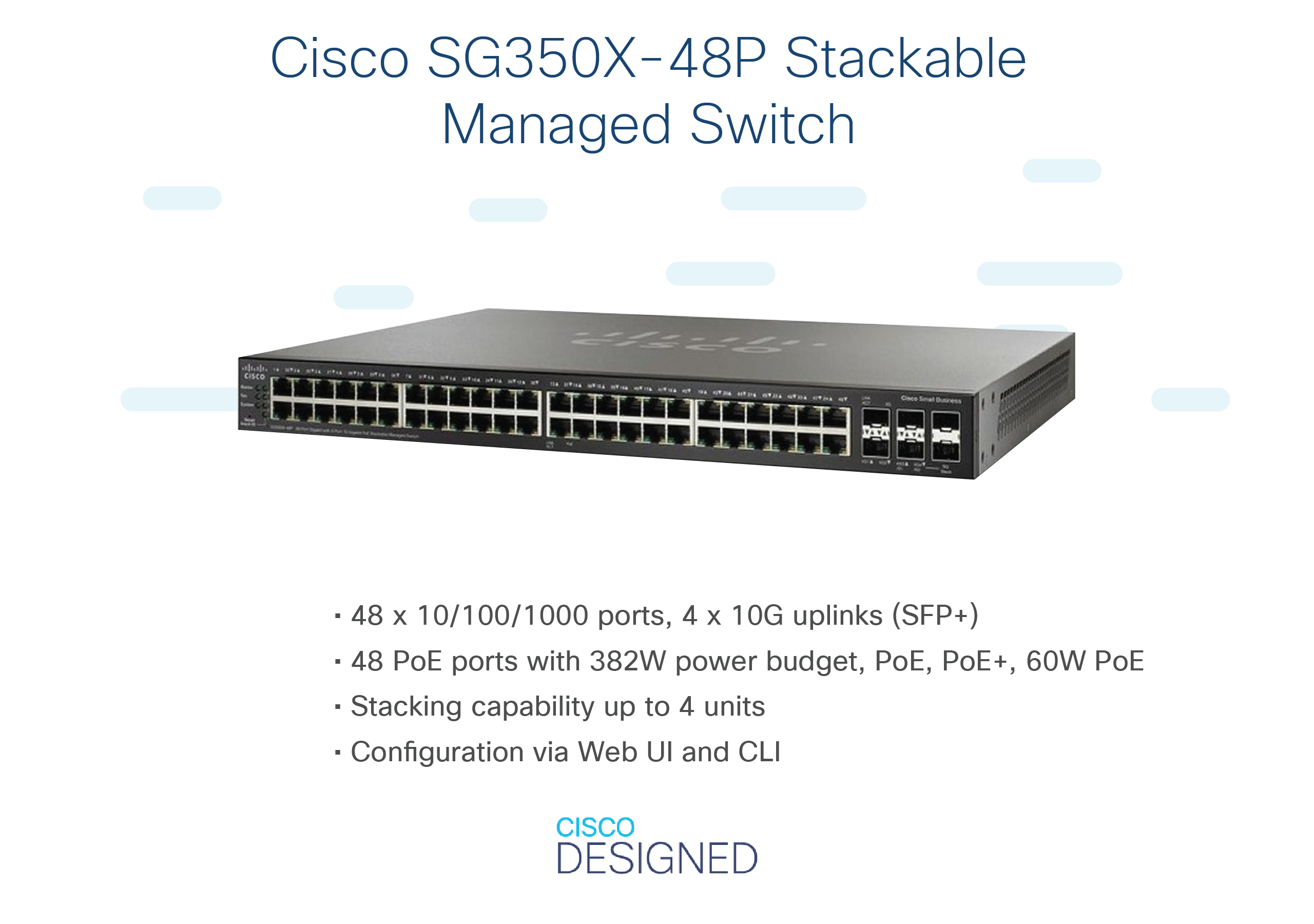 Cisco SG350X-48P Stackable Managed Switch, schwarz mit Textdetails unten.