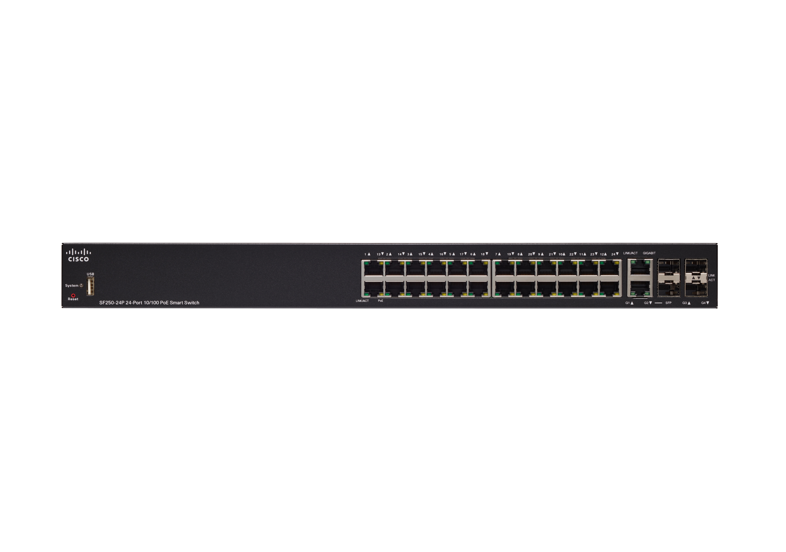Schwarzer Netzwerk-Switch mit Anschlüssen, Cisco-Logo. Weißer Hintergrund.