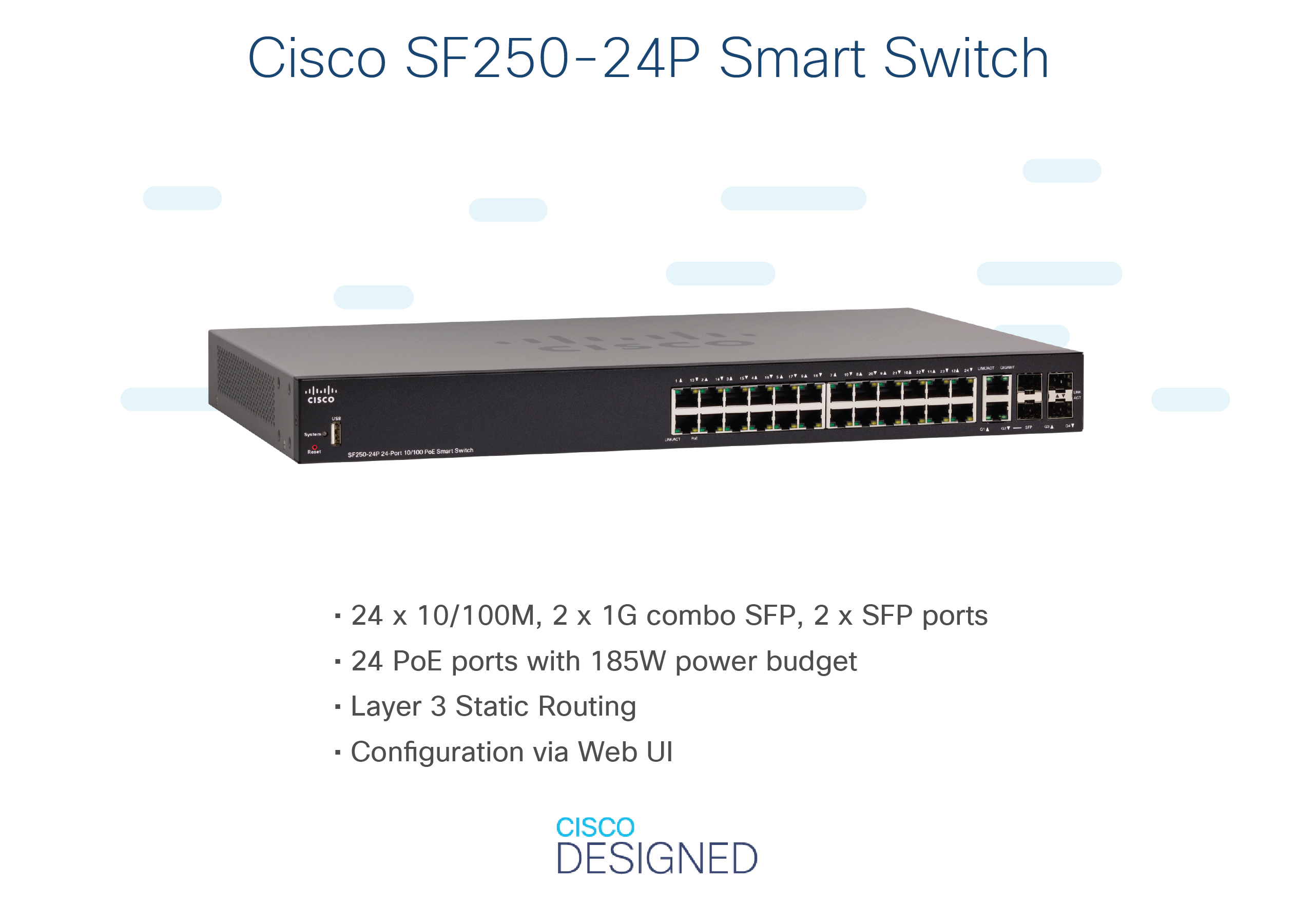 Ein Cisco Smart Switch, schwarz, mit mehreren Anschlüssen und dem Cisco Designed Logo.