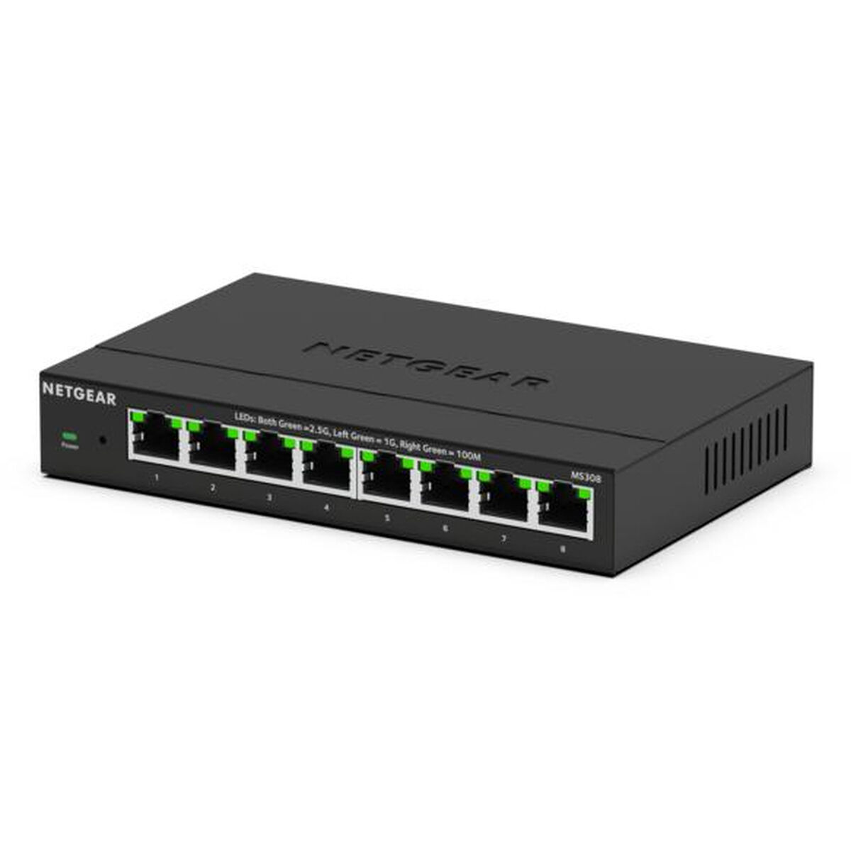Commutateur Netgear noir avec plusieurs ports. LEDs et texte visibles.