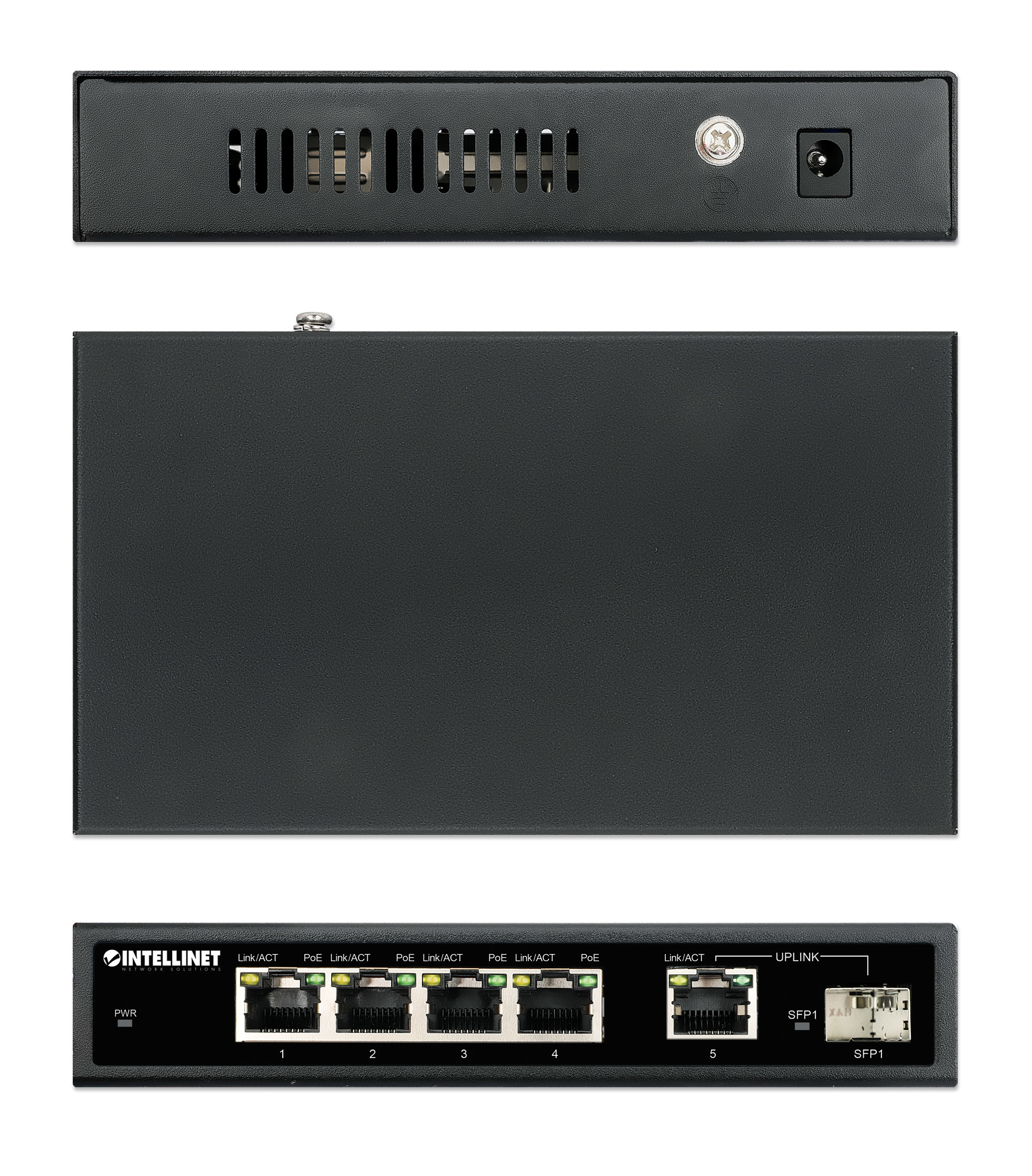 Vista superiore, inferiore e frontale di uno switch Intellinet nero. Porte visibili. Sfondo bianco.