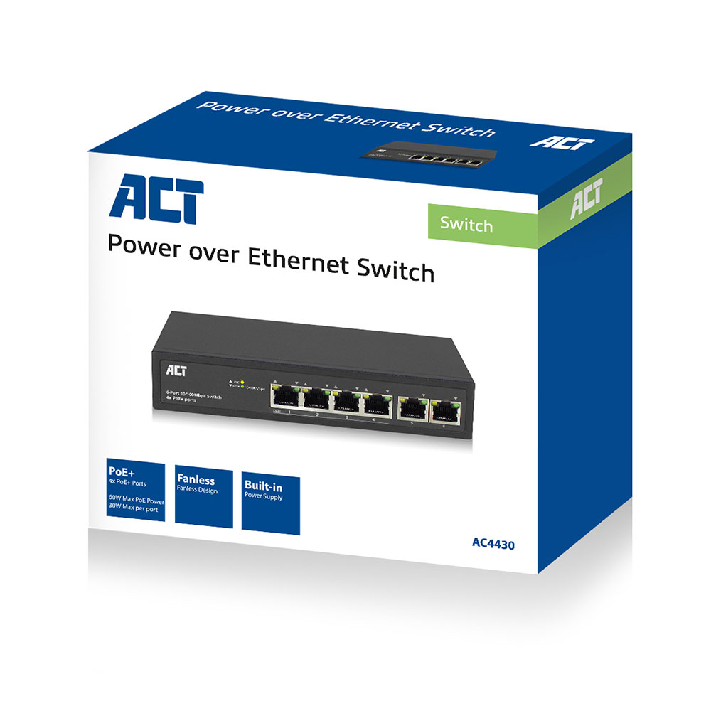 Power over Ethernet switch doos met details en zwarte switch.