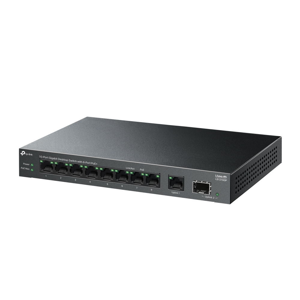 Schwarzer TP-Link Netzwerk-Switch mit mehreren Ports, weißer Hintergrund.