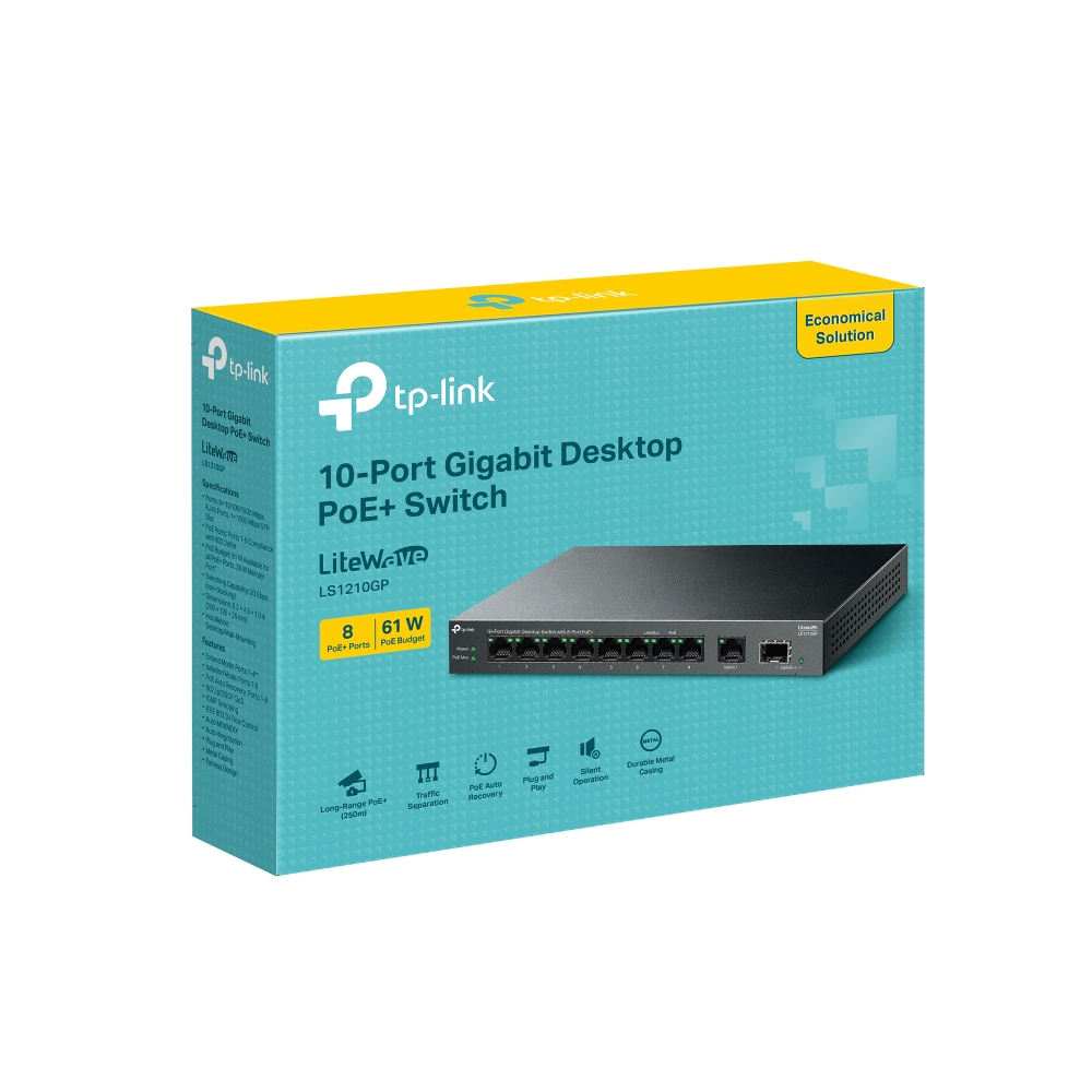 TP-Link Switch-Box mit Produktbild und Details auf weißem Hintergrund.