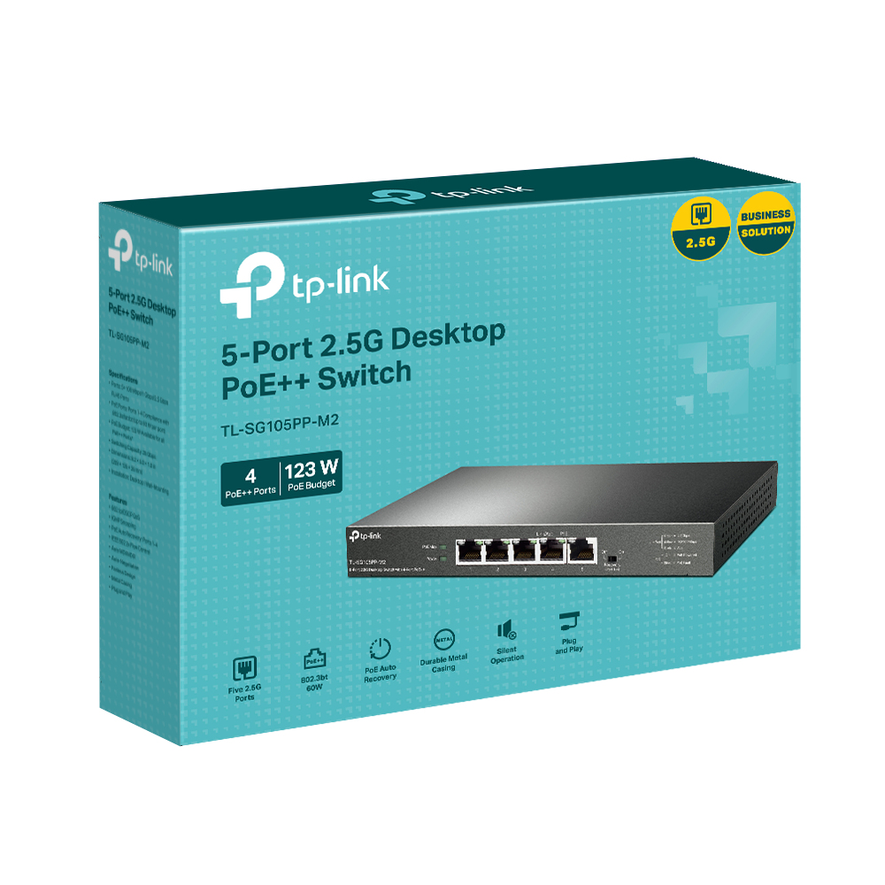 Scatola TP-Link con uno switch di rete, testo e immagine.