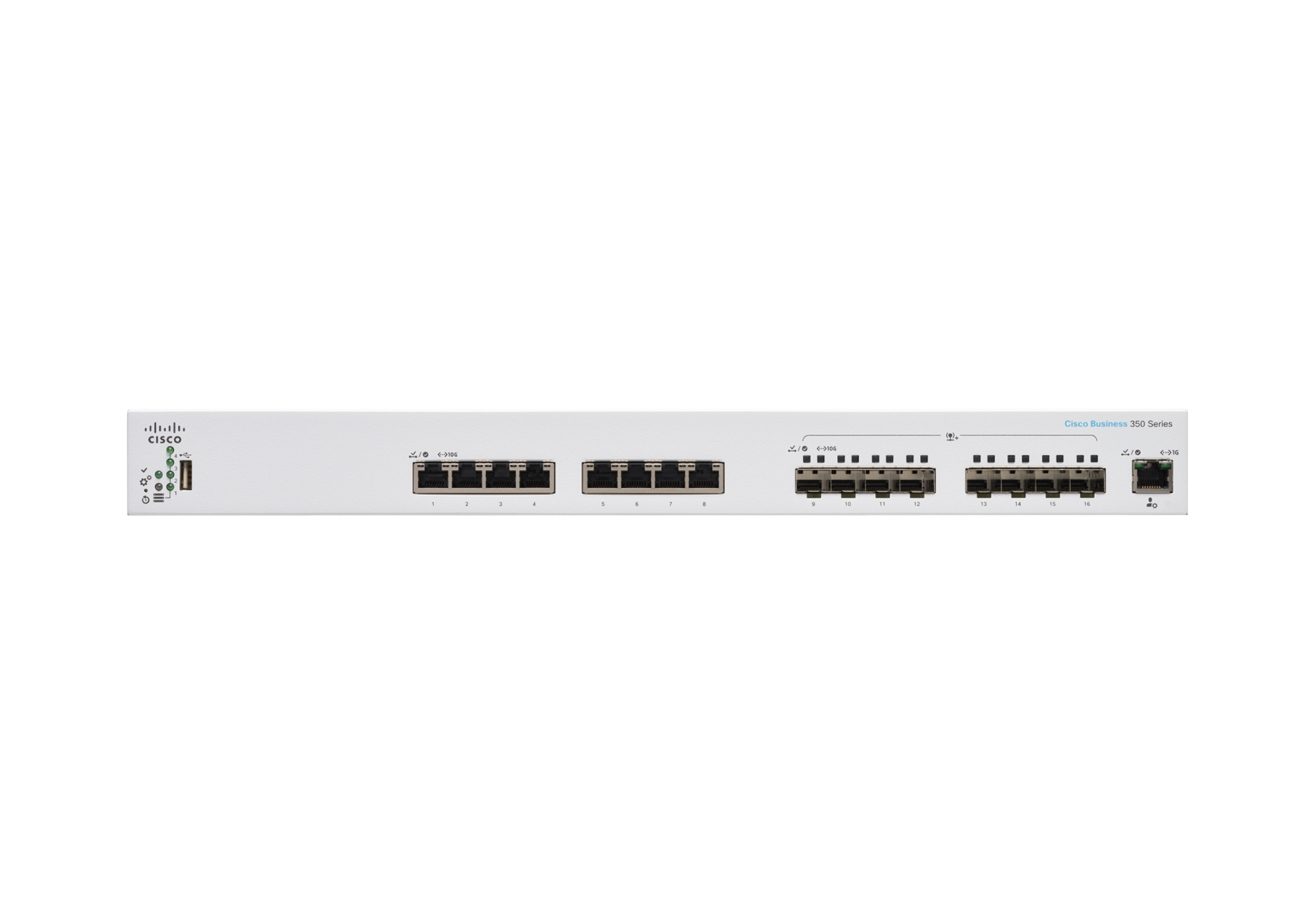 Weißer Netzwerk-Switch mit Anschlüssen und Anzeigen. Cisco-Logo oben. Weißer Hintergrund.