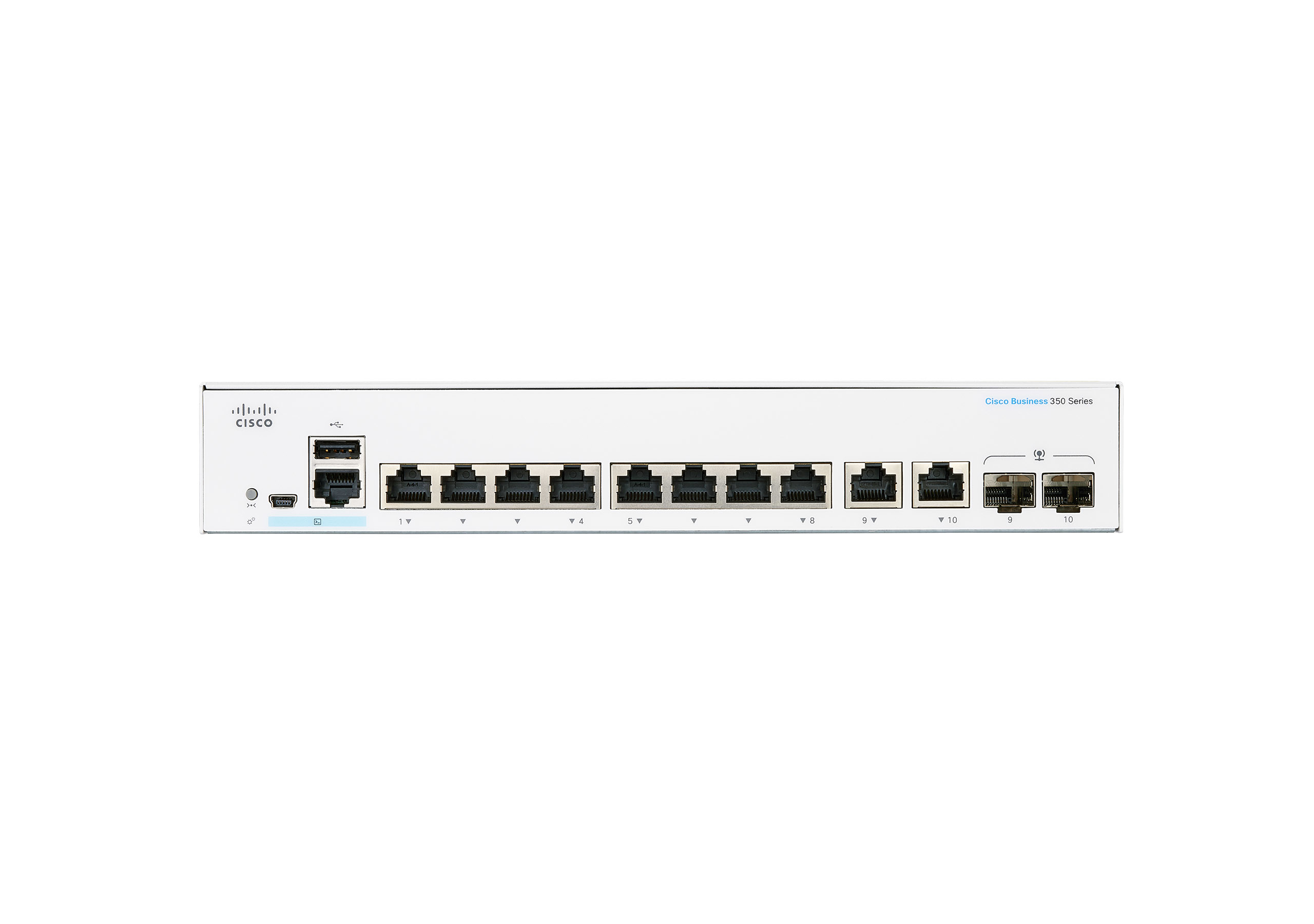 Ein weißes Cisco-Netzwerkgerät mit mehreren Anschlüssen auf weißem Hintergrund.