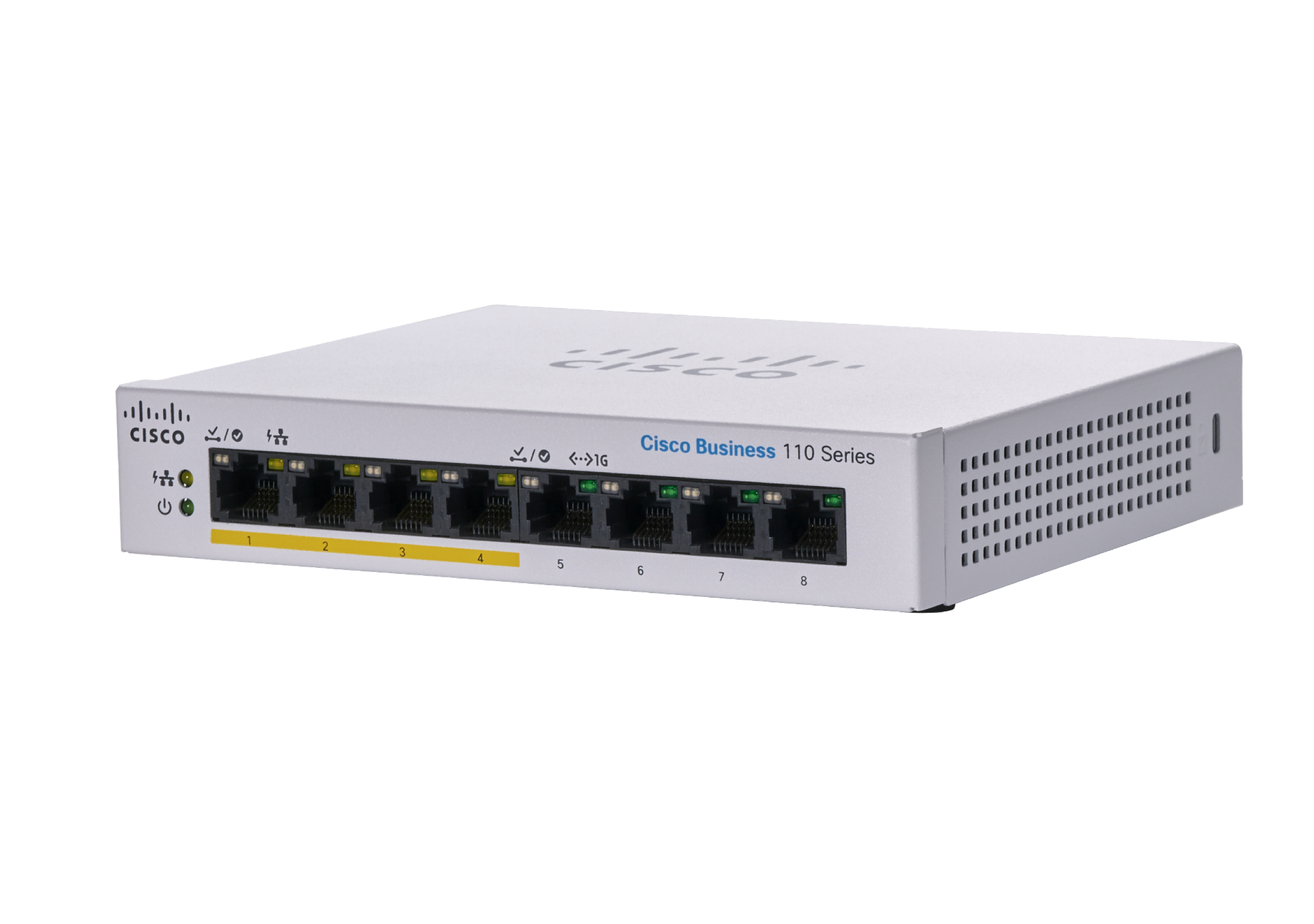 Switch di rete bianco con porte e indicatori. Logo Cisco. Sfondo bianco.