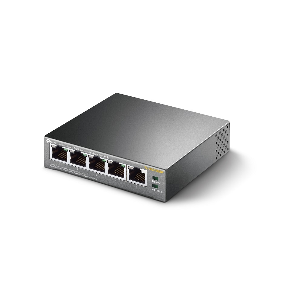 Switch di rete TP-Link nero con cinque porte e indicatori. Sfondo bianco.
