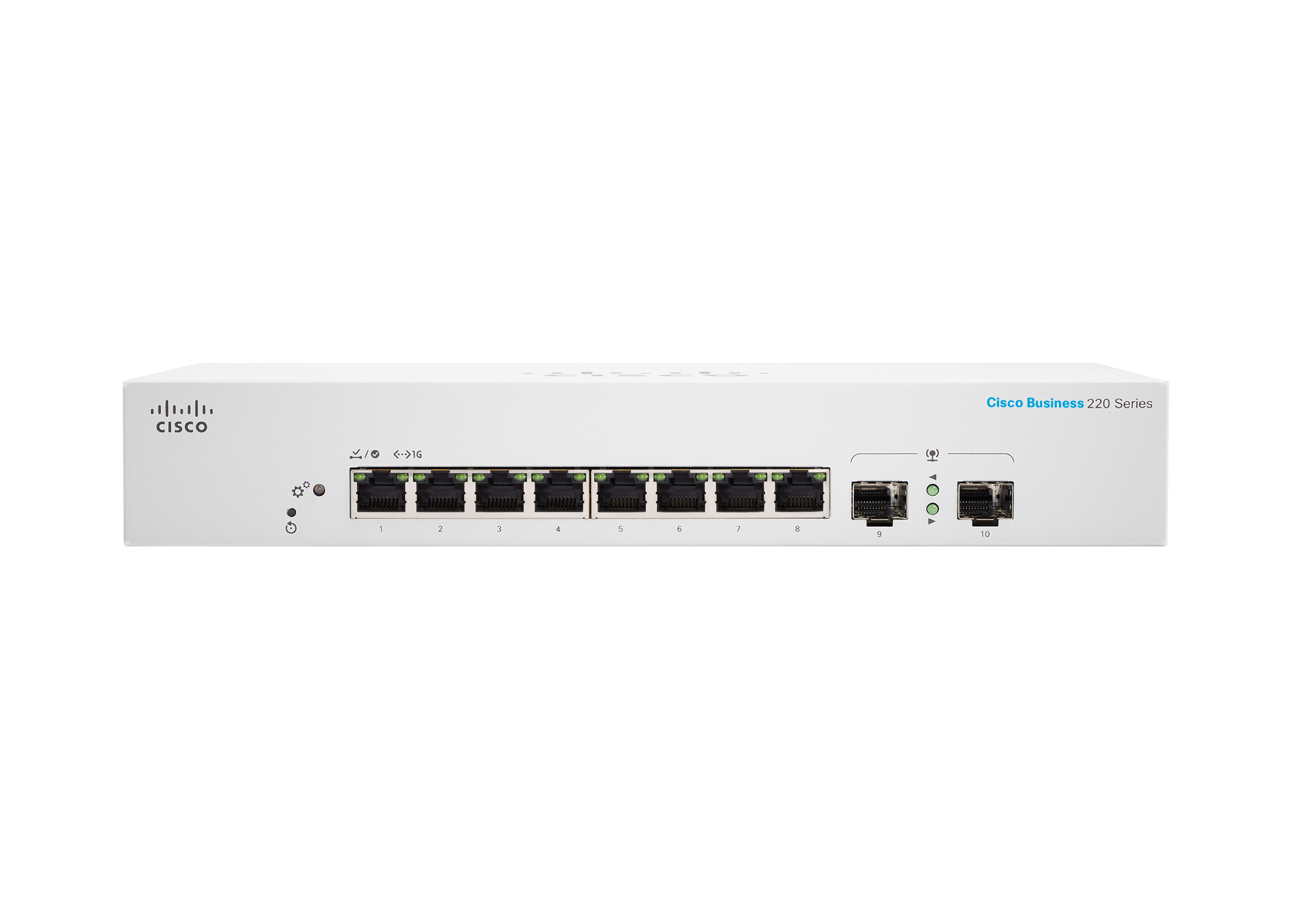Switch di rete bianco con porte e indicatori. Logo Cisco. Sfondo bianco.