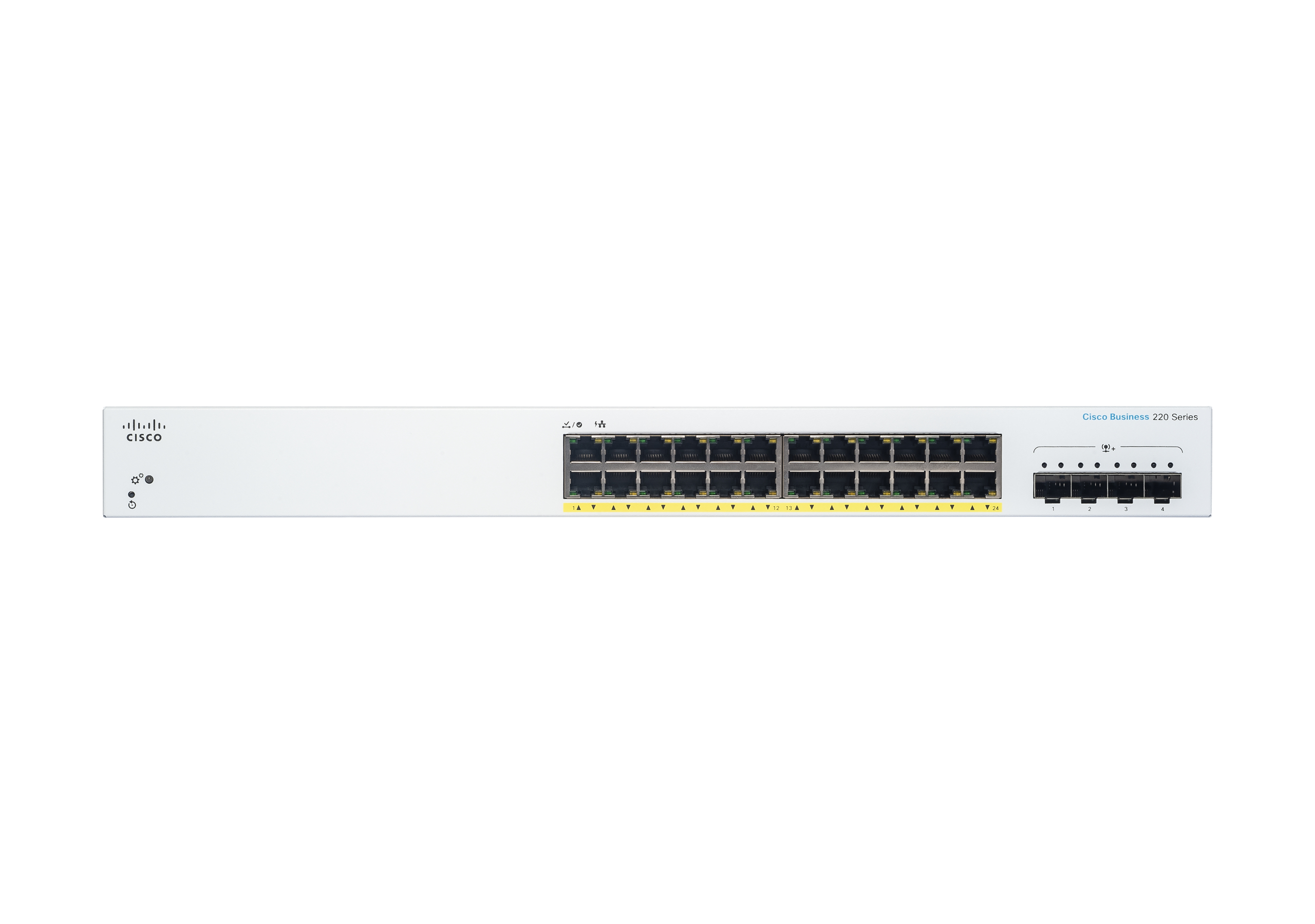 Switch Cisco bianco con più porte, etichettato Cisco Business 220 Series, su sfondo bianco.