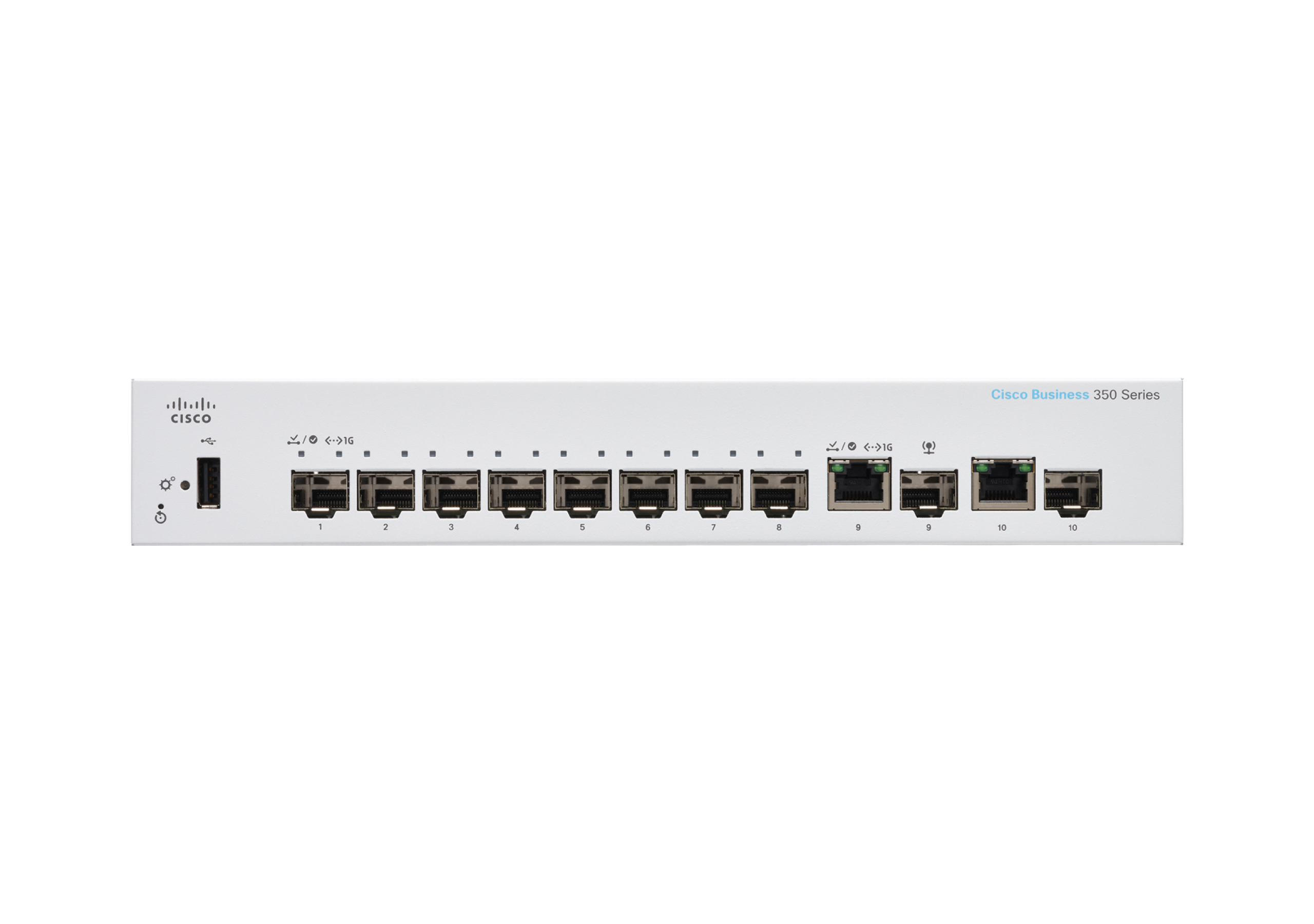 Weißer Cisco Business 350 Series Switch. Vorderseite hat Anschlüsse und ein Logo. Auf weißem Hintergrund.