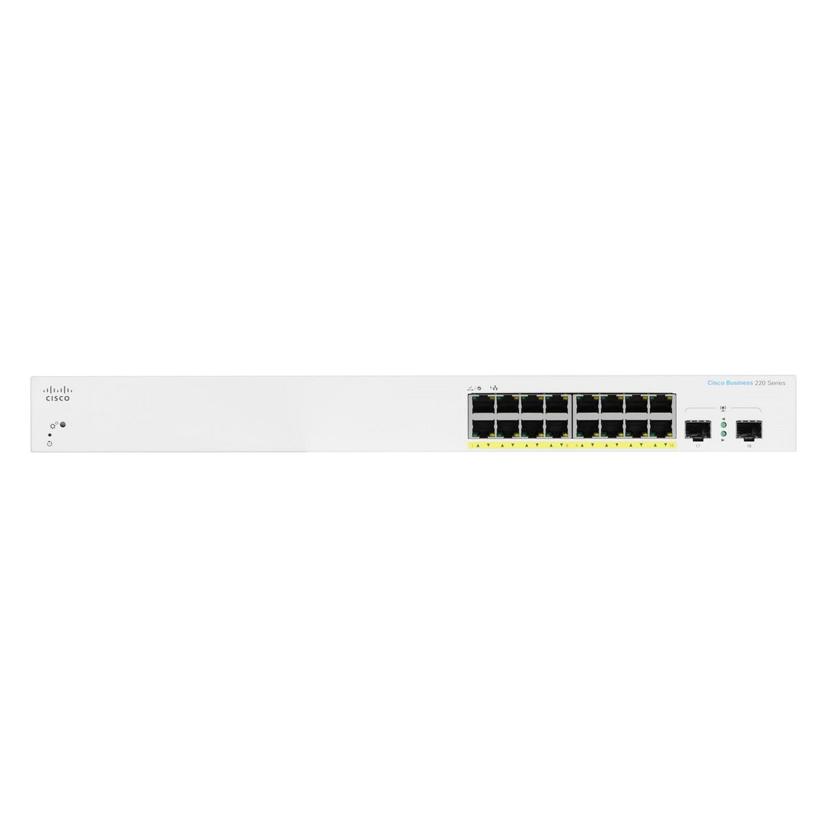 Biały przełącznik sieciowy Cisco z portami. Etykieta Cisco Business 220 Series.