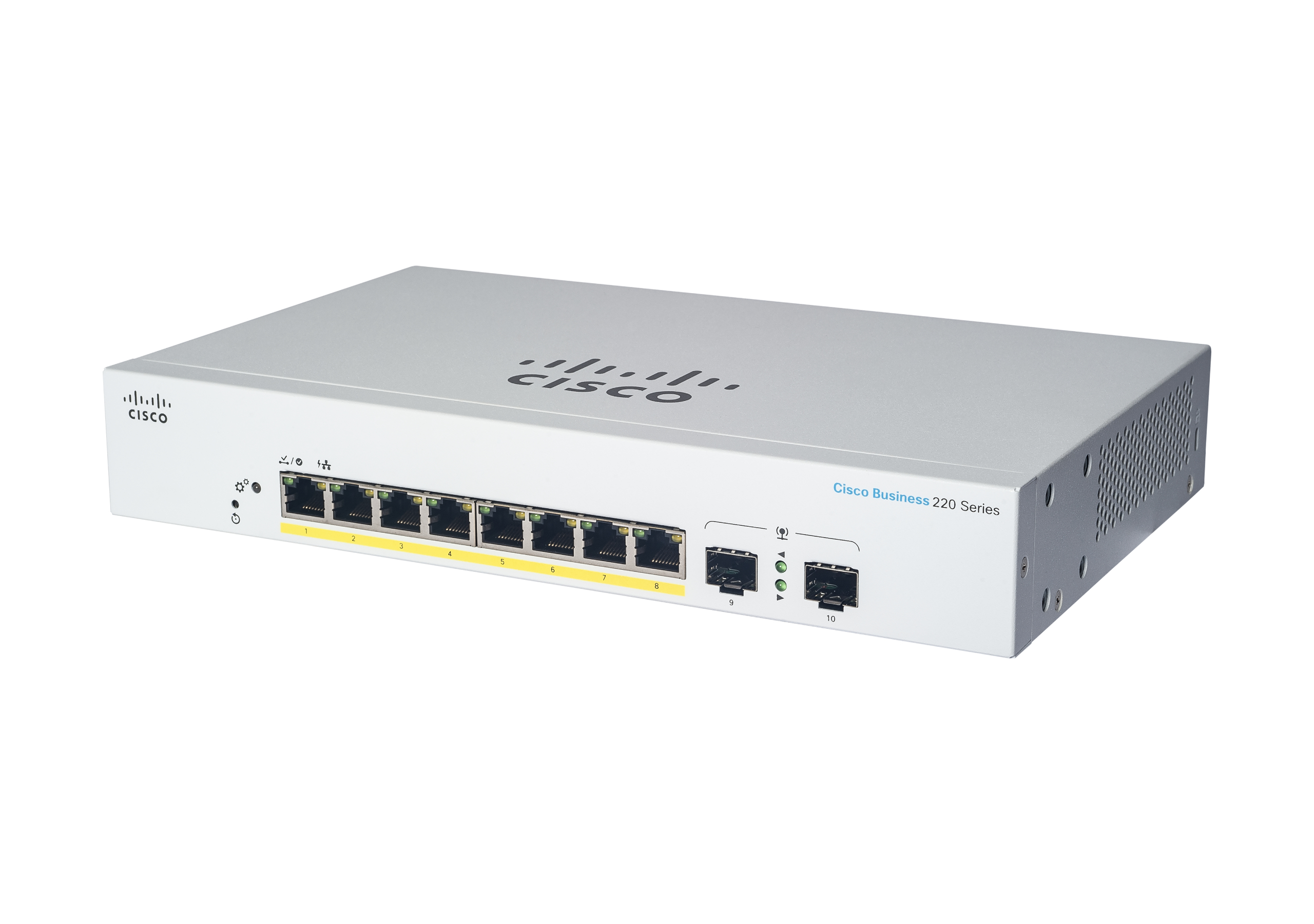 Weißer Cisco-Switch mit Anschlüssen. Weißer Hintergrund.