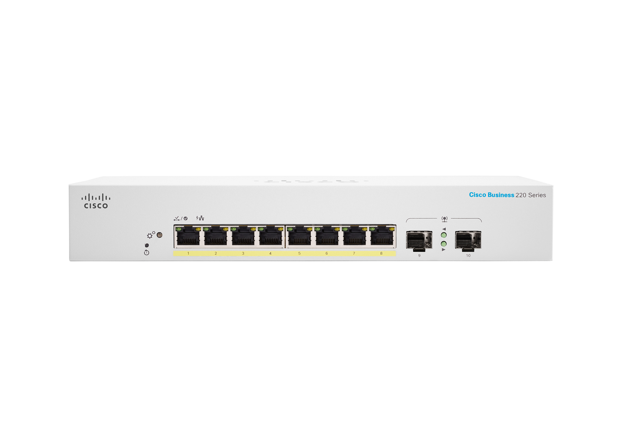 Weißer Cisco Business 220 Series Switch mit 8 Ports und weiteren Anschlüssen.