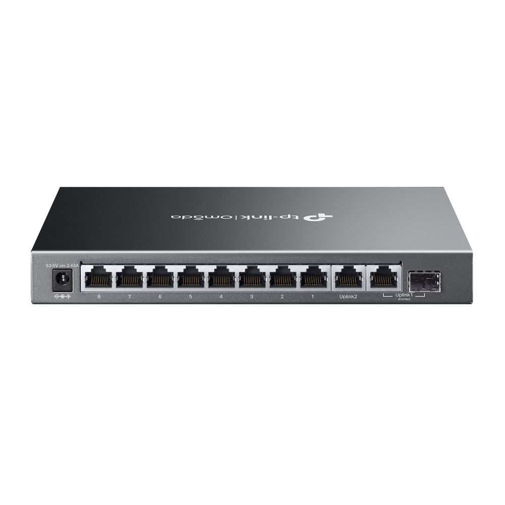 Switch TP-Link Omada argenté. Façade avec ports et logo. Sur fond blanc.