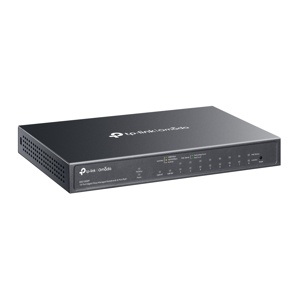 Commutateur réseau TP-Link Omada noir avec ports et indicateurs. Fond blanc.