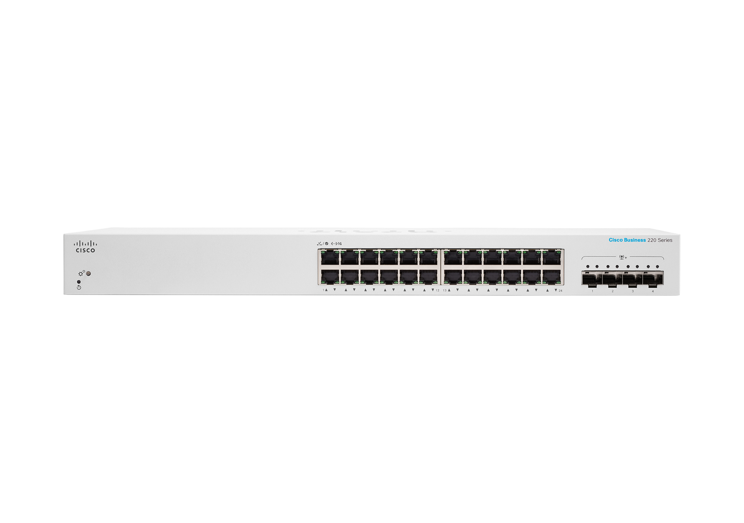 Weißer Cisco-Switch mit vielen Anschlüssen. Weißer Hintergrund.