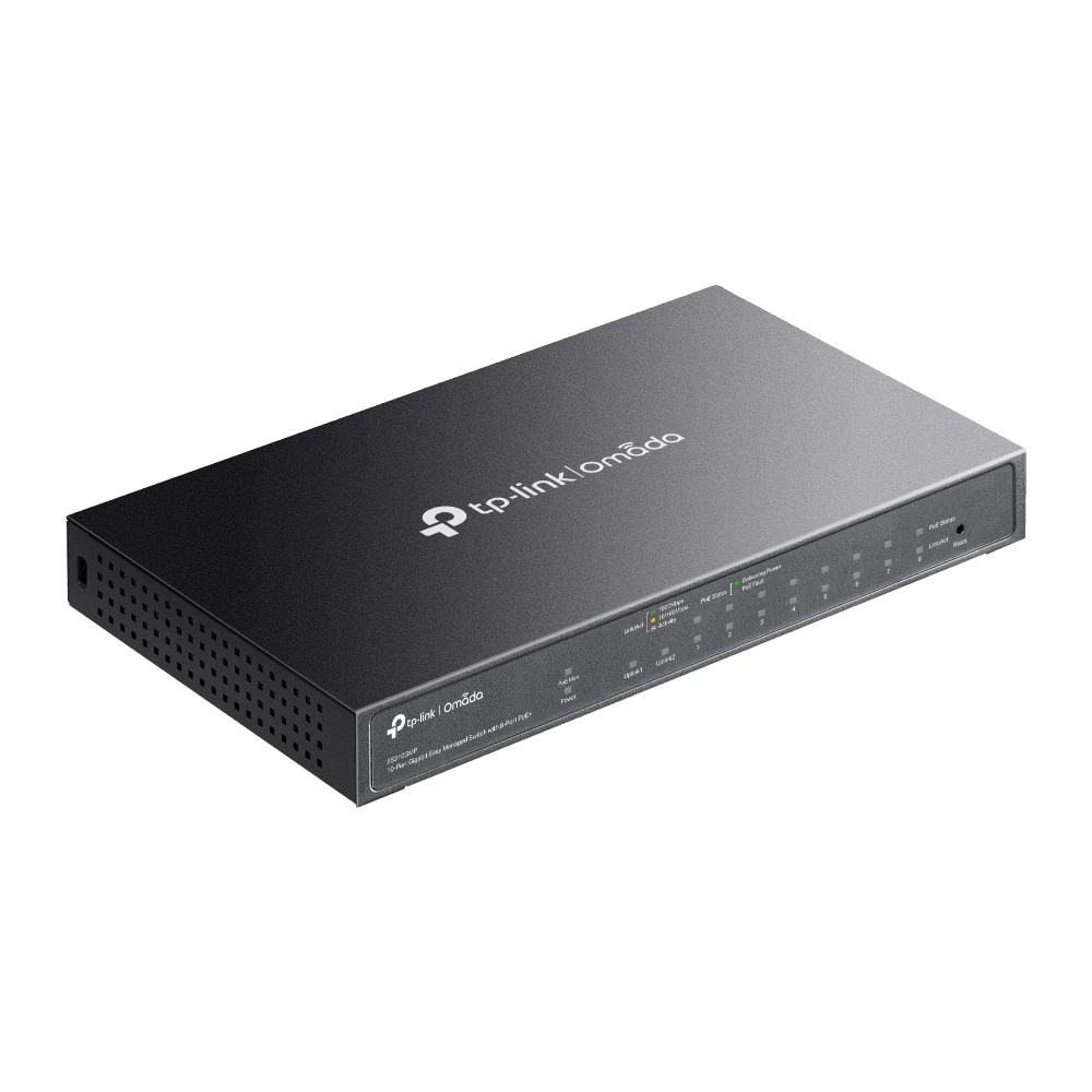 Commutateur TP-Link Omada noir. Vue de dessus, ports, indicateurs LED et logo. Fond blanc. Légèrement incliné.