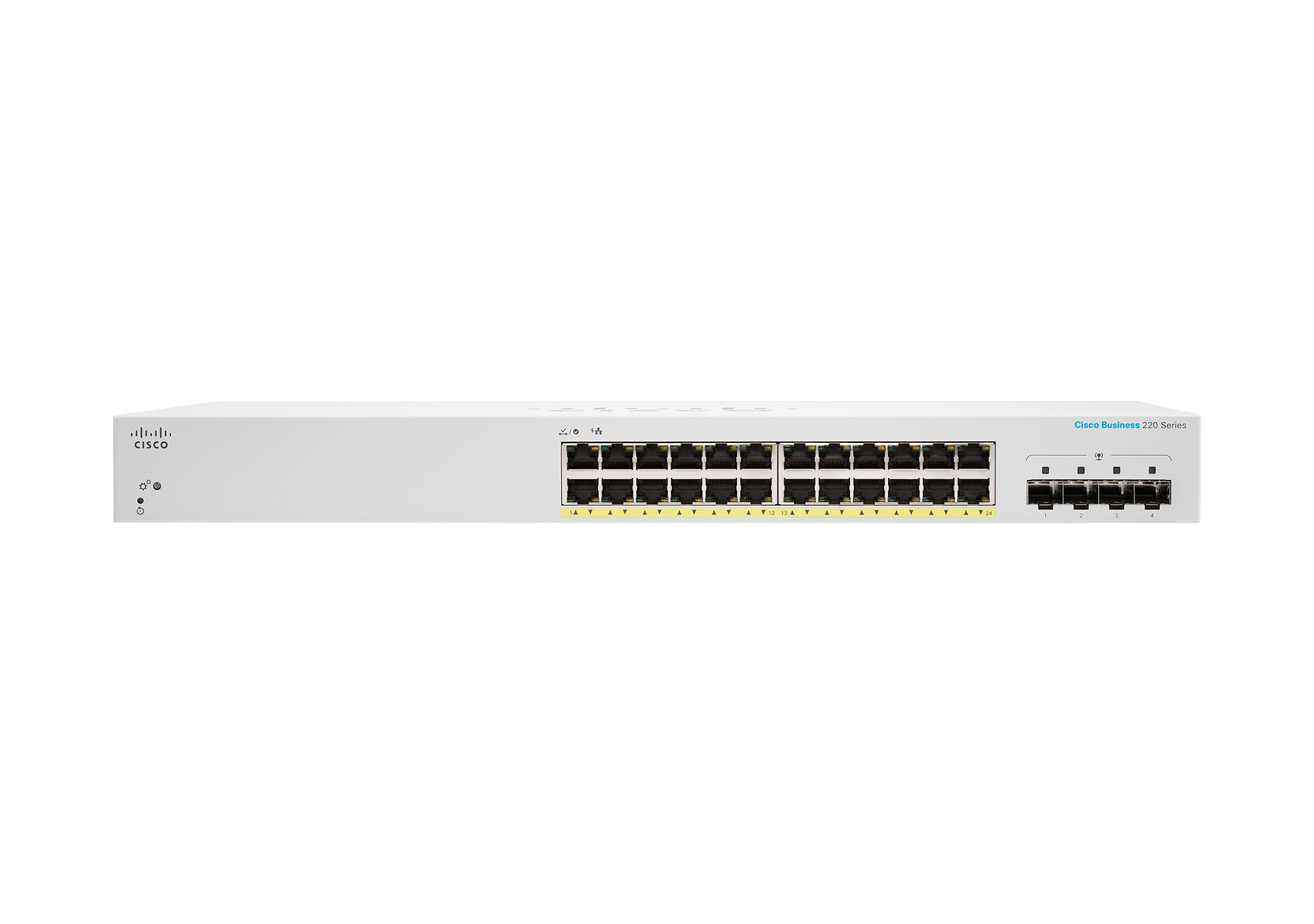 Weißer Cisco Business 220 Series Switch mit 24 Ports, mit Logo oben.