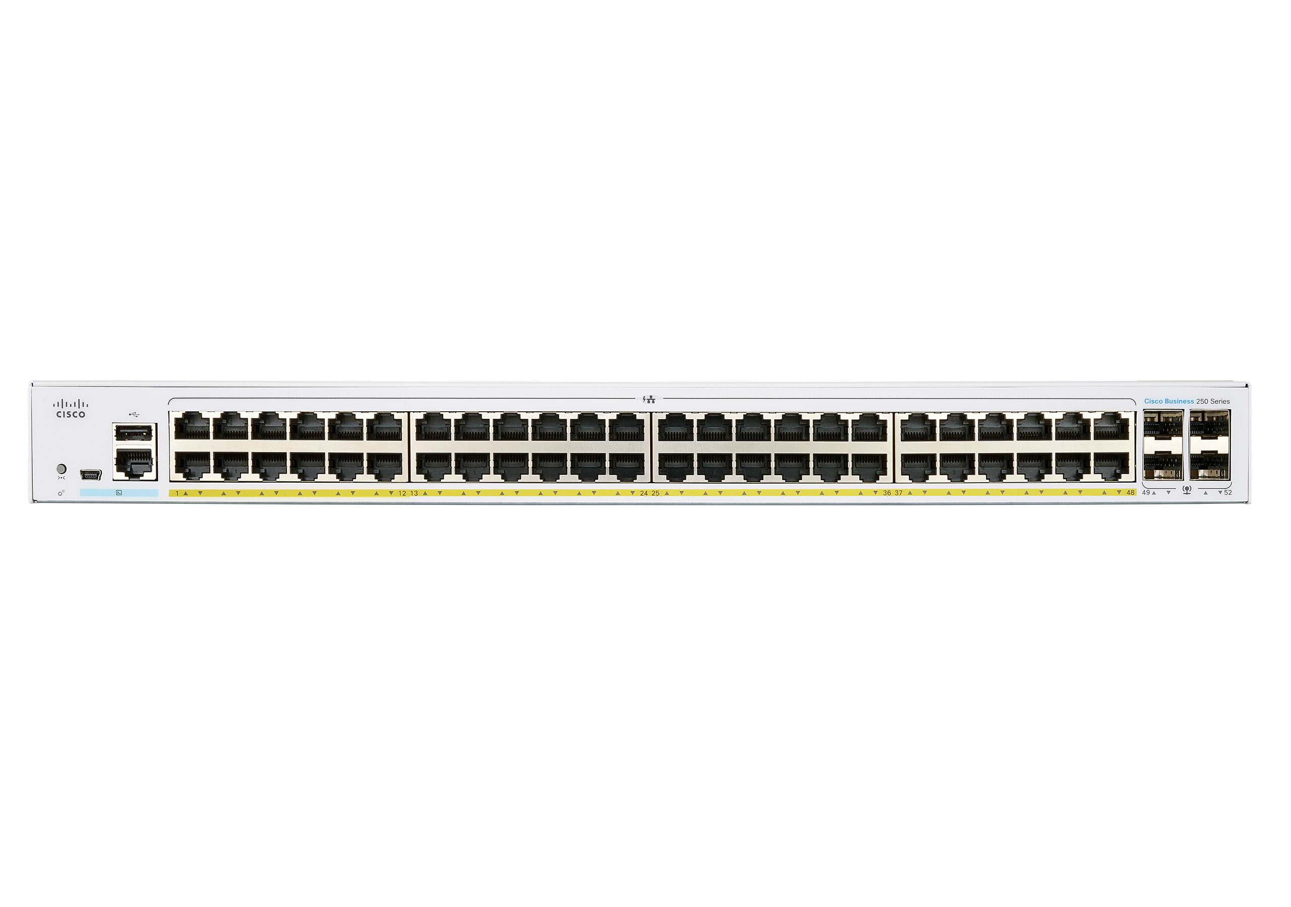 Weißer Cisco Switch mit mehreren Ports, Vorderansicht. Cisco Business 250 Series.