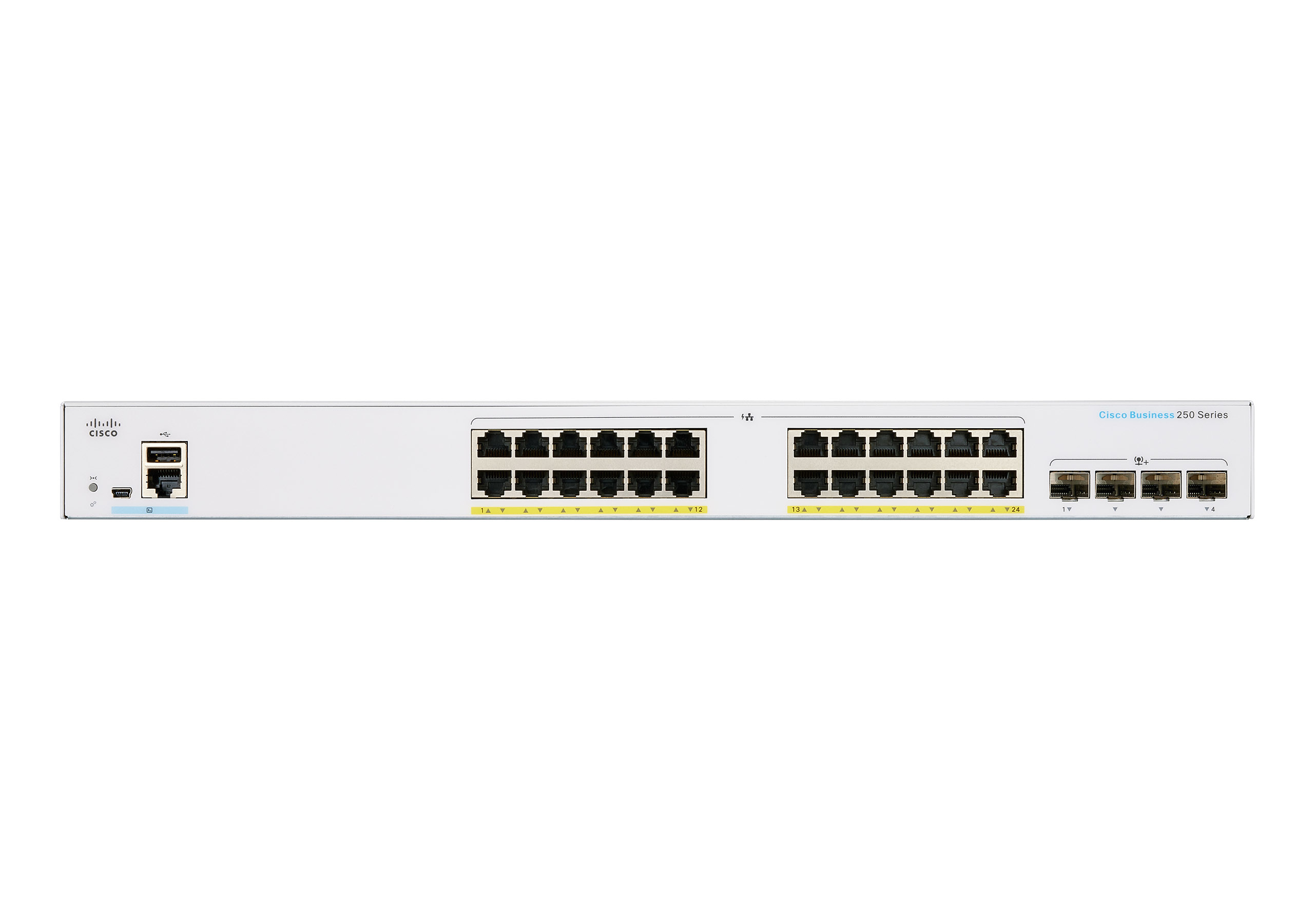 Weißer Cisco Netzwerk-Switch mit mehreren Ports. Isoliert auf weißem Hintergrund.