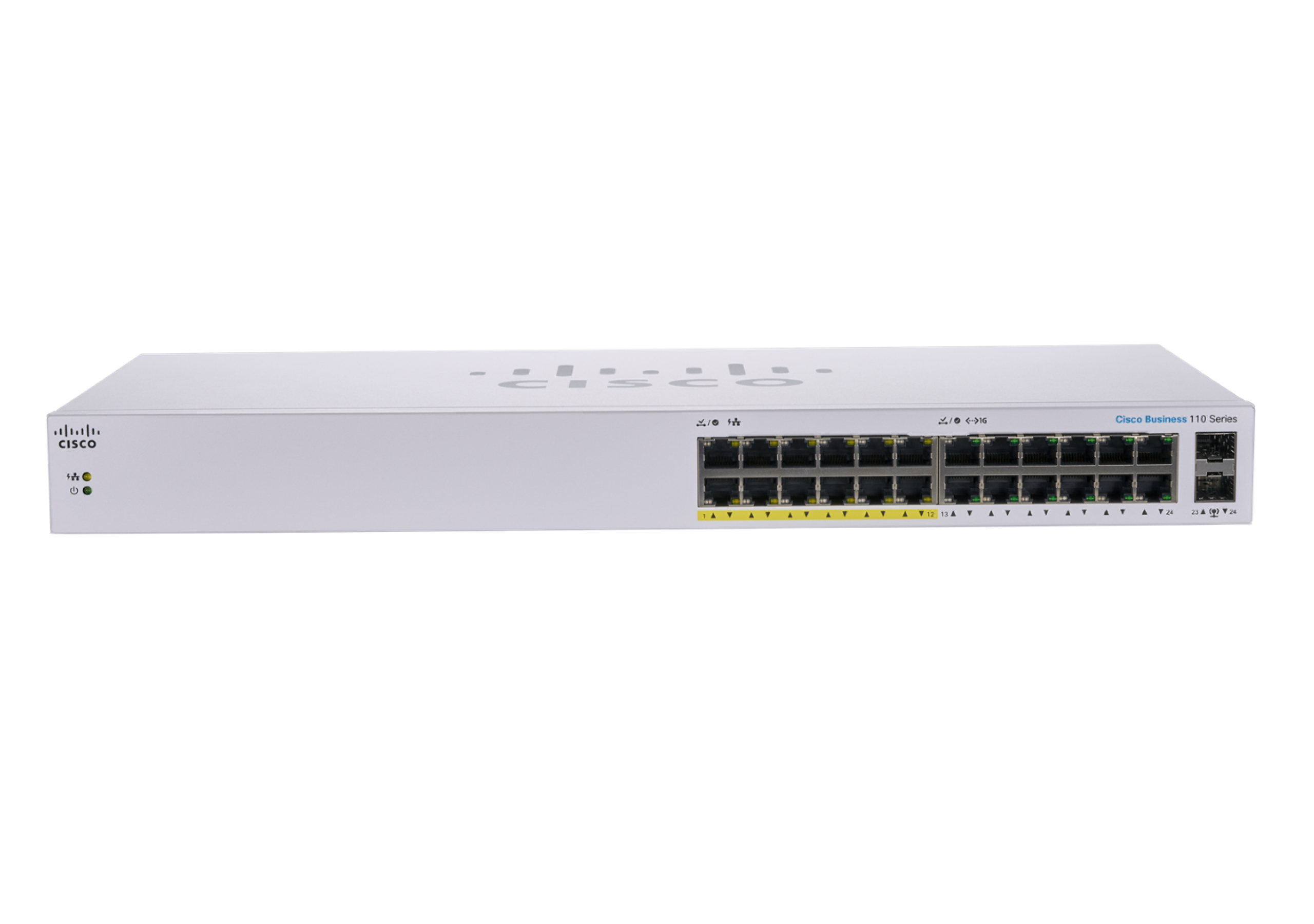 Weißer Cisco Business 110 Series Switch mit mehreren Ports und weißem Hintergrund.