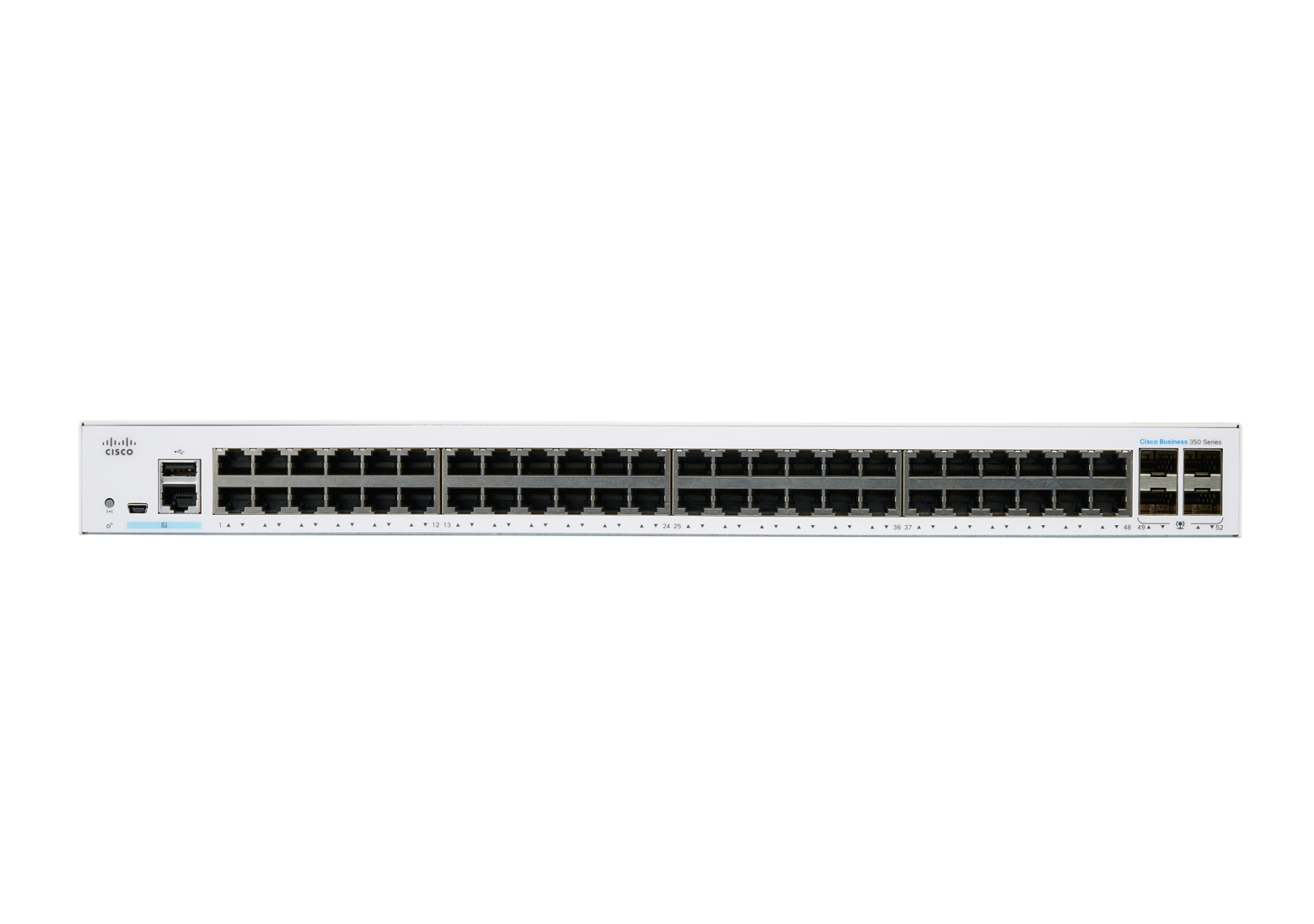 Weißer Cisco Business 220 Series Switch mit 24 Ports und anderen Anschlüssen.