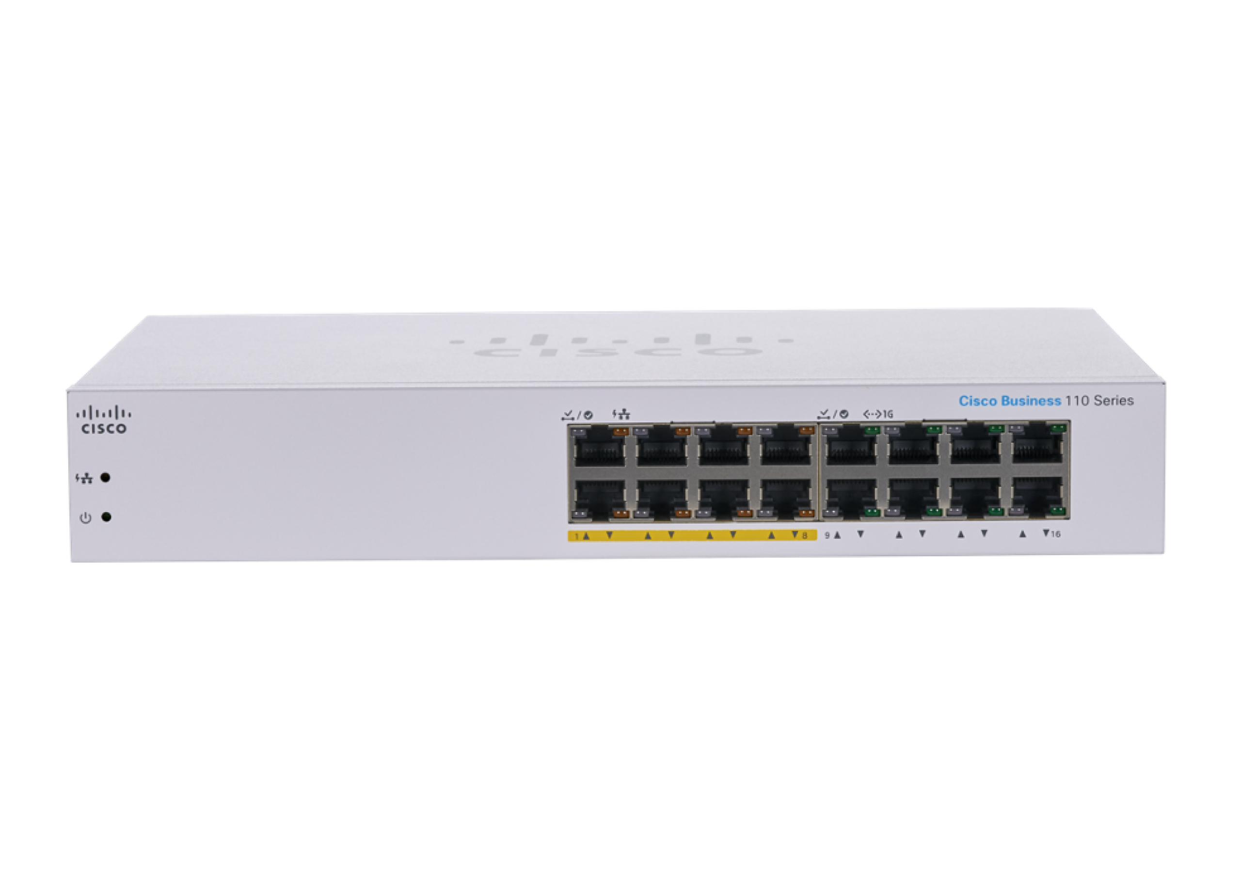 Switch Cisco Business 110 Series bianco. Fronte con porte e logo. Su sfondo bianco.