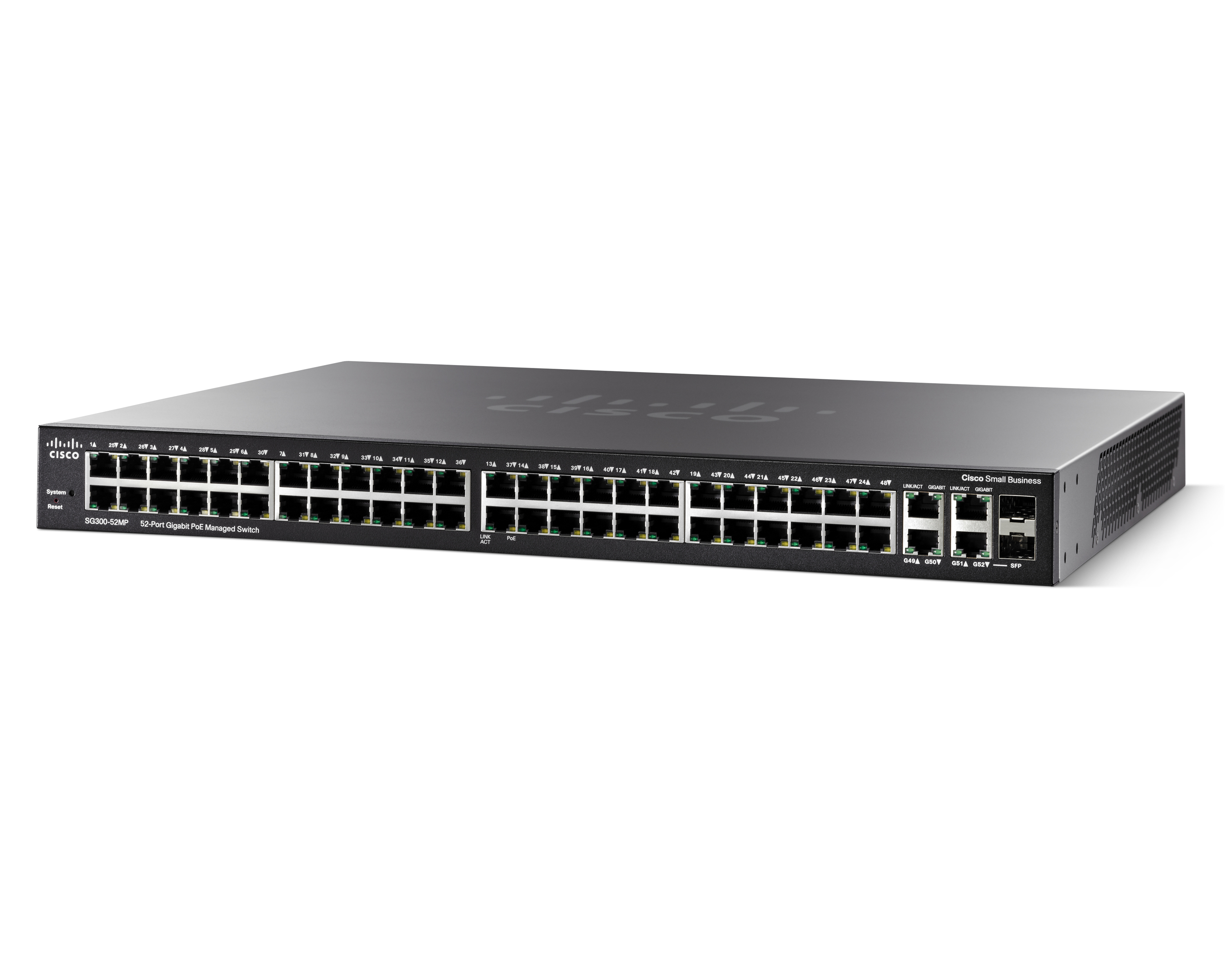 Schwarzer Cisco Small Business Switch. Vorderseite hat Anschlüsse und ein Logo. Auf weißem Hintergrund.