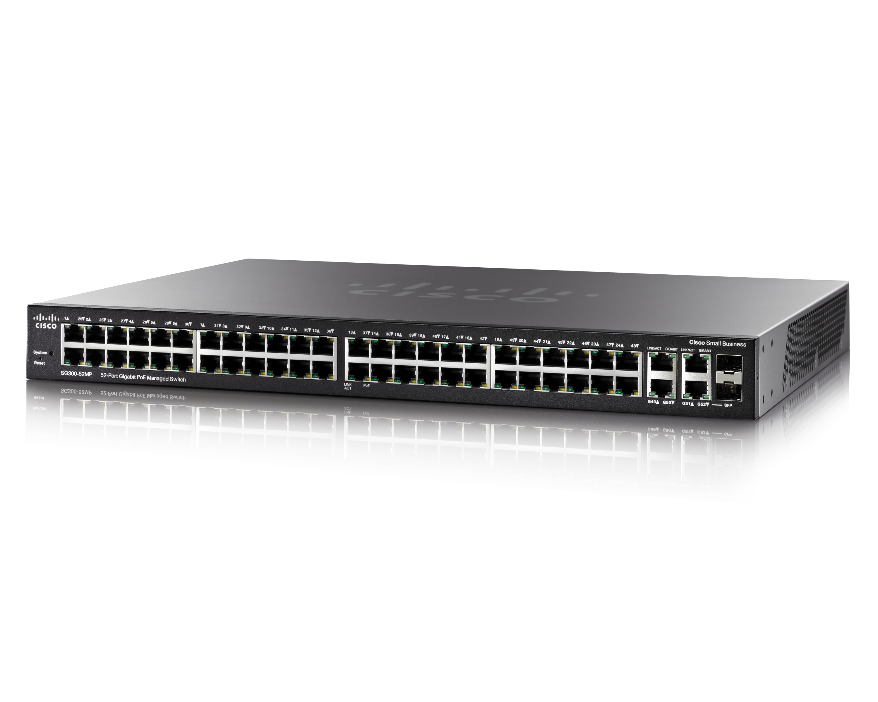 Schwarzer Cisco Netzwerk-Switch mit Anschlüssen. Weißer Hintergrund. Cisco Small Business.