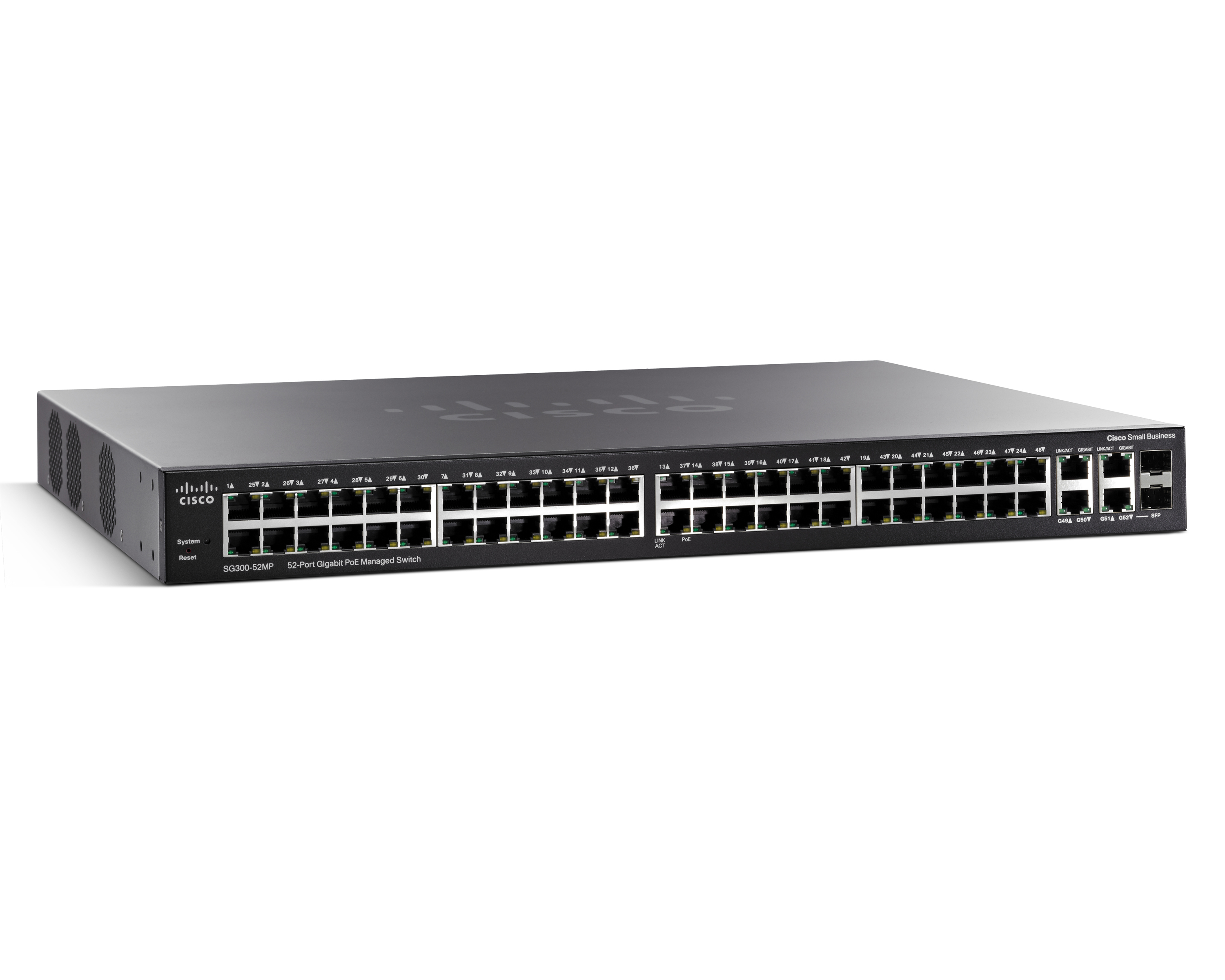 Schwarzer Cisco-Switch, mehrere Anschlüsse, vor weißem Hintergrund. Cisco-Logo oben mittig.
