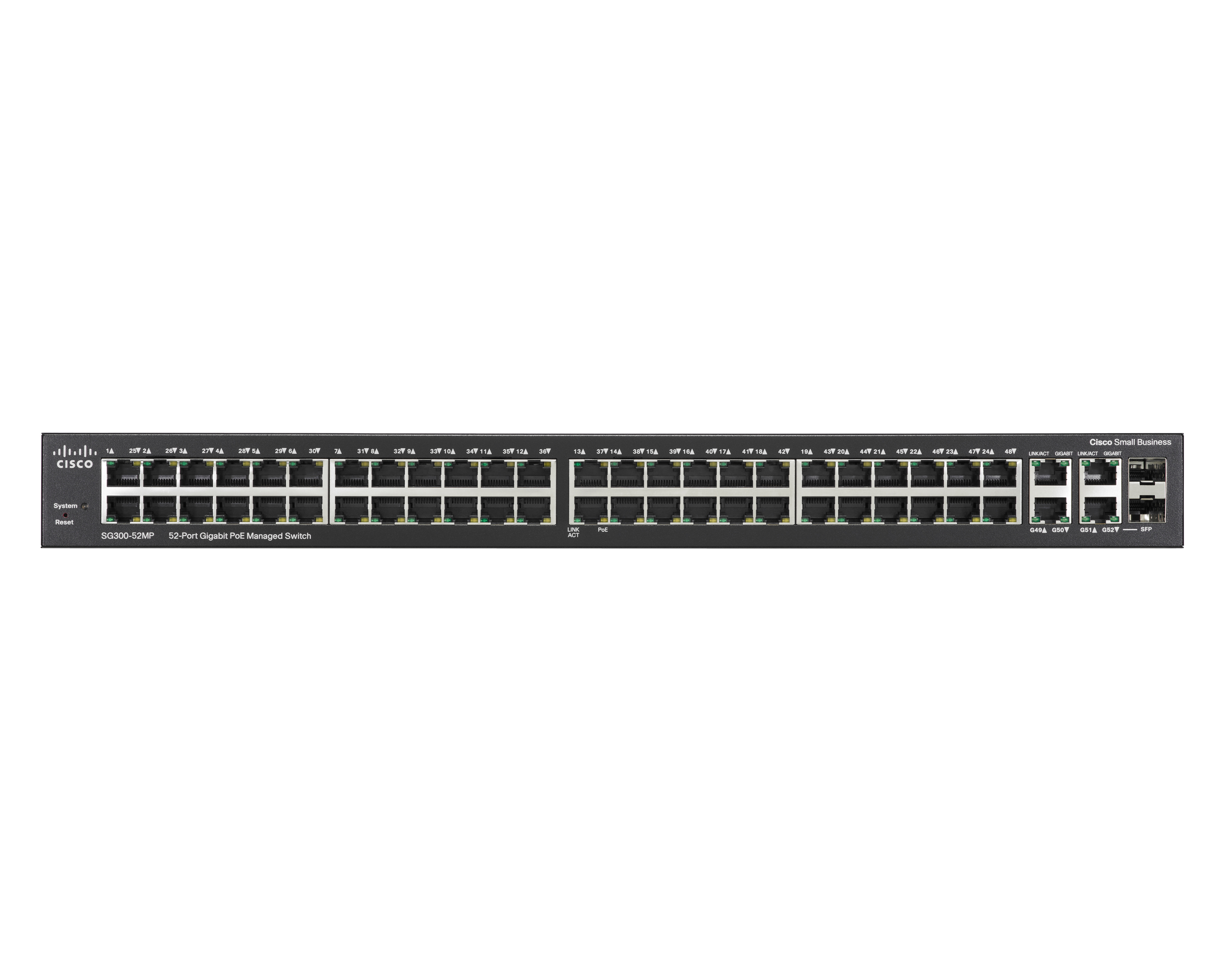 Ein schwarzer Cisco Small Business Switch mit vielen Anschlüssen, auf weißem Hintergrund. Es ist ein Netzwerkgerät.