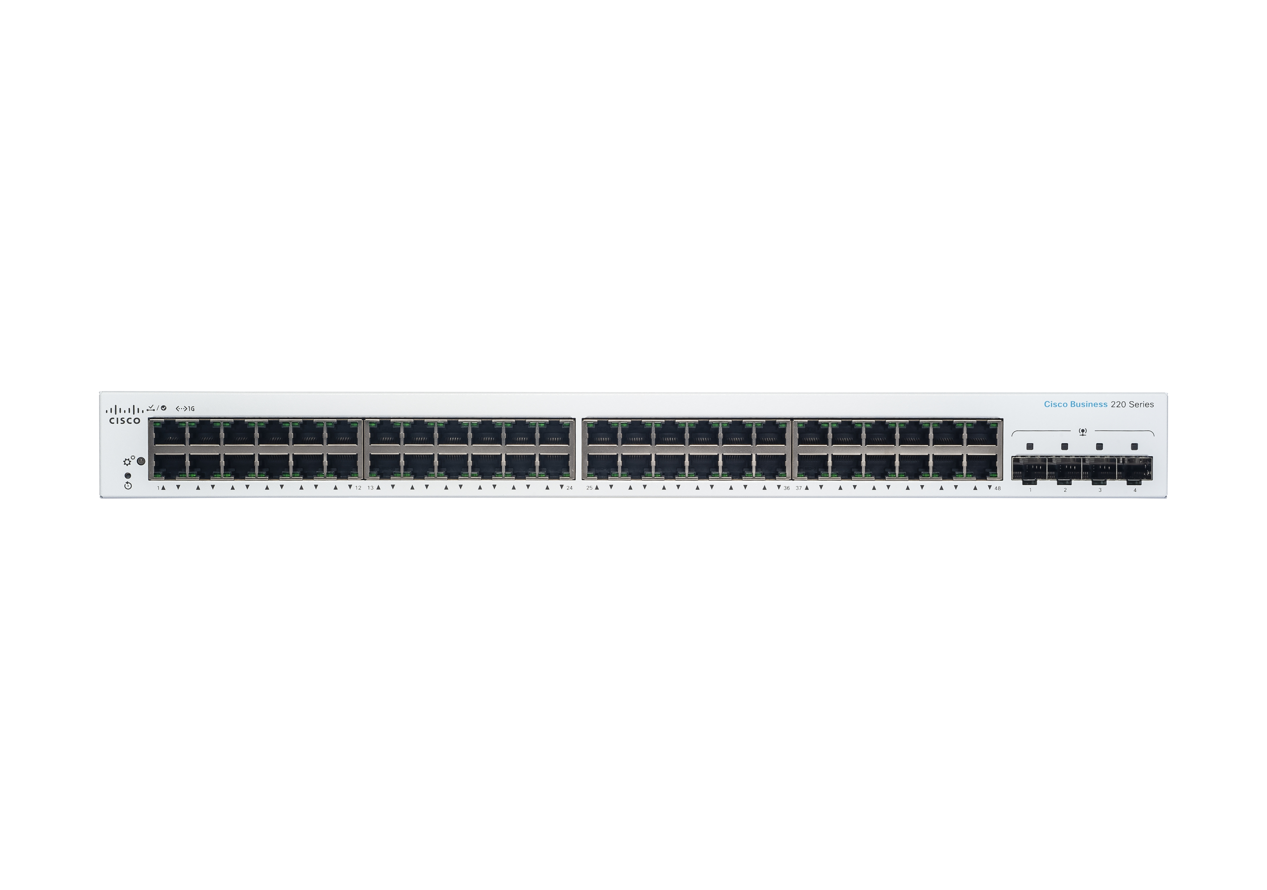 Weißer Cisco Business 220 Series Switch mit vielen Anschlüssen und weißem Hintergrund.