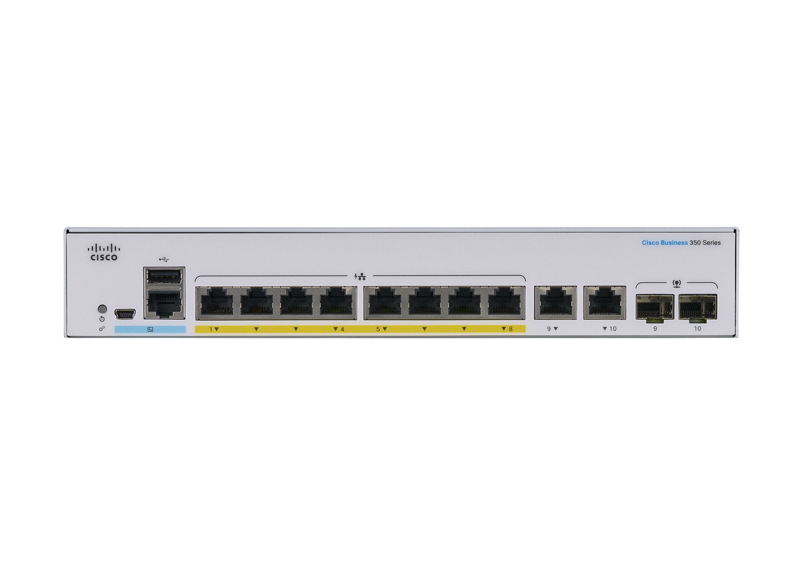 Cisco Business 350 Series Switch, mit Anschlüssen und weißem Hintergrund.