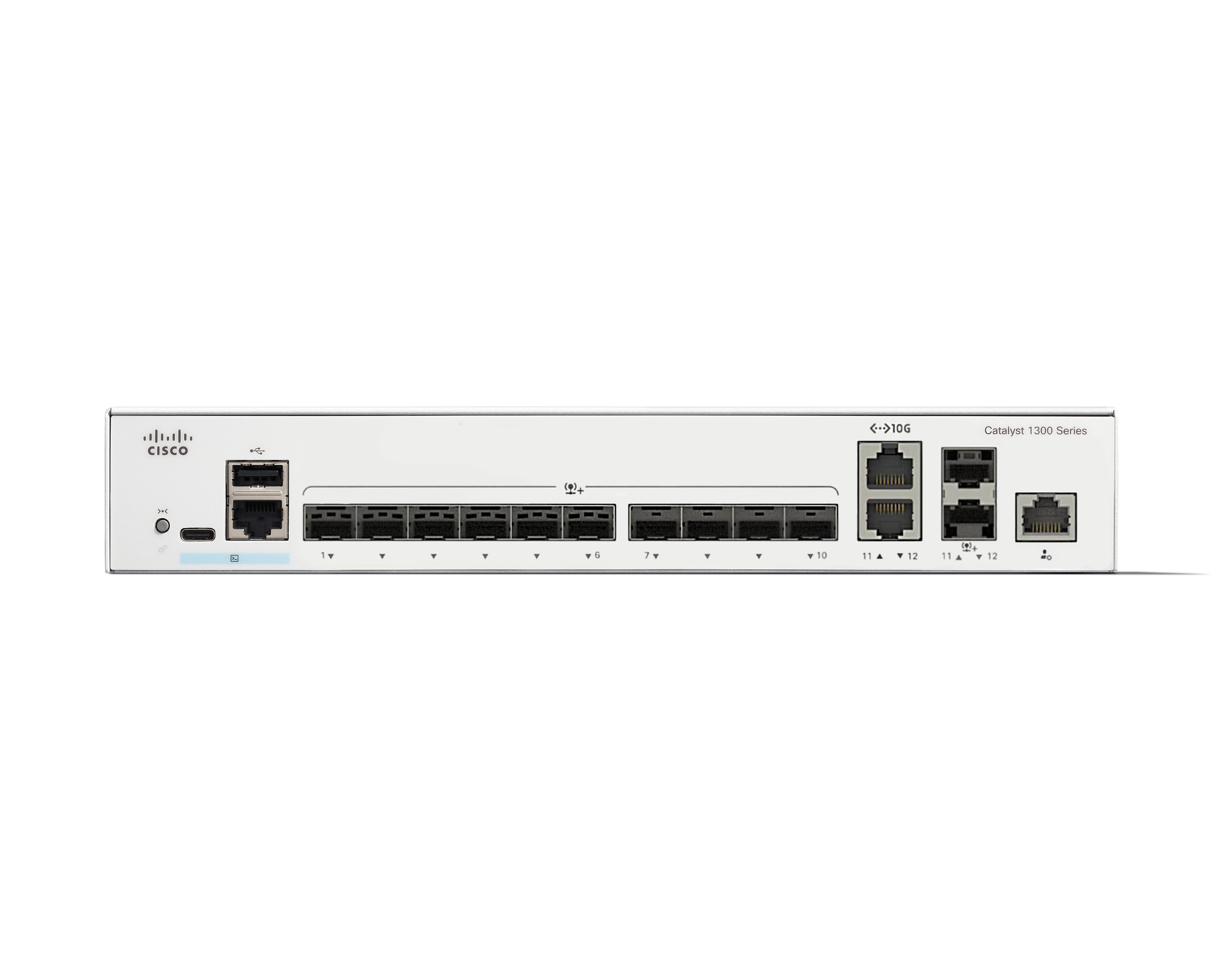 Biały przełącznik Cisco Catalyst serii 1300 z wieloma portami, logo Cisco i tekstem Catalyst 1300 Series.
