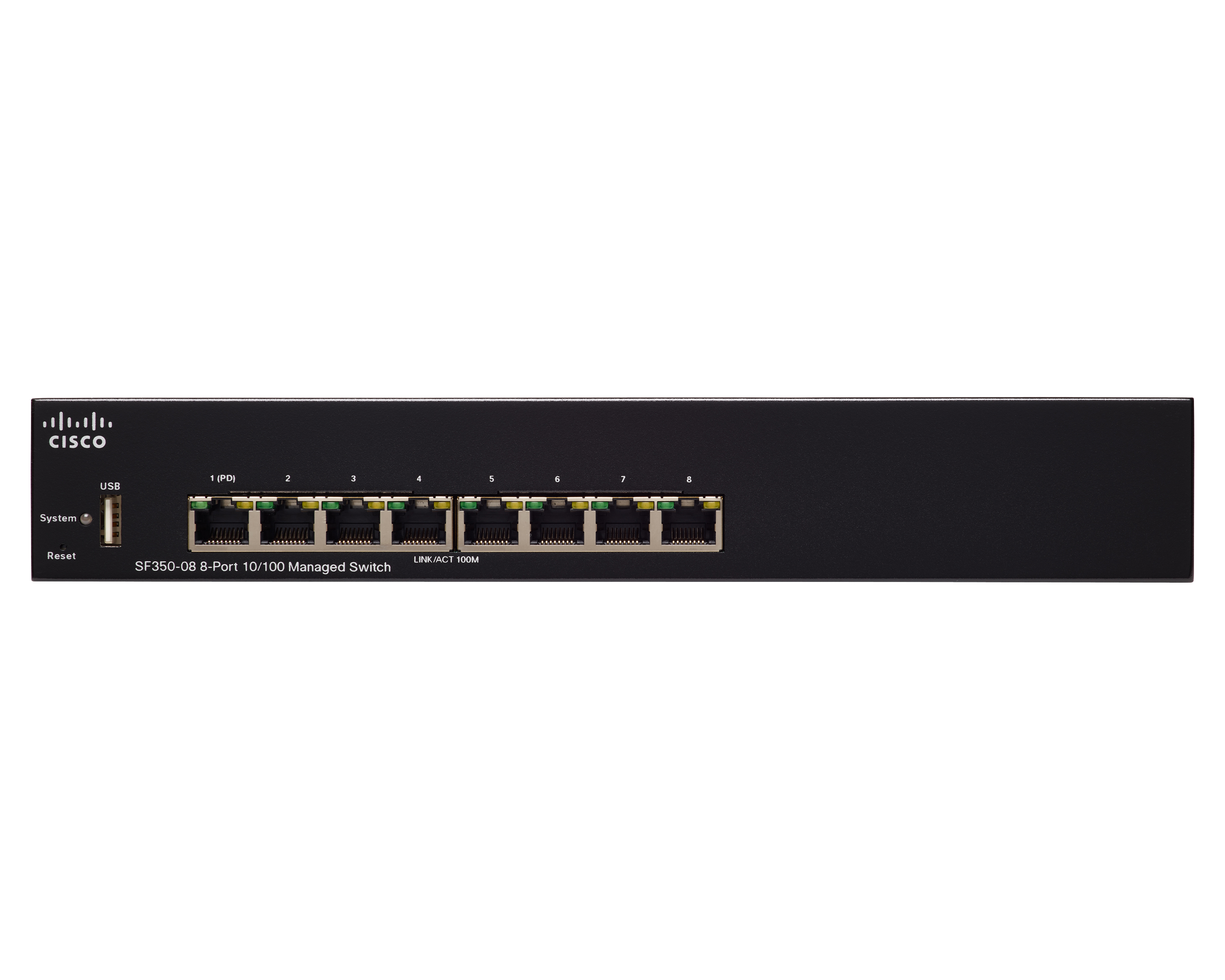 Schwarzer Cisco-Switch mit 8 Anschlüssen, vor Weiß. Cisco-Logo oben links.
