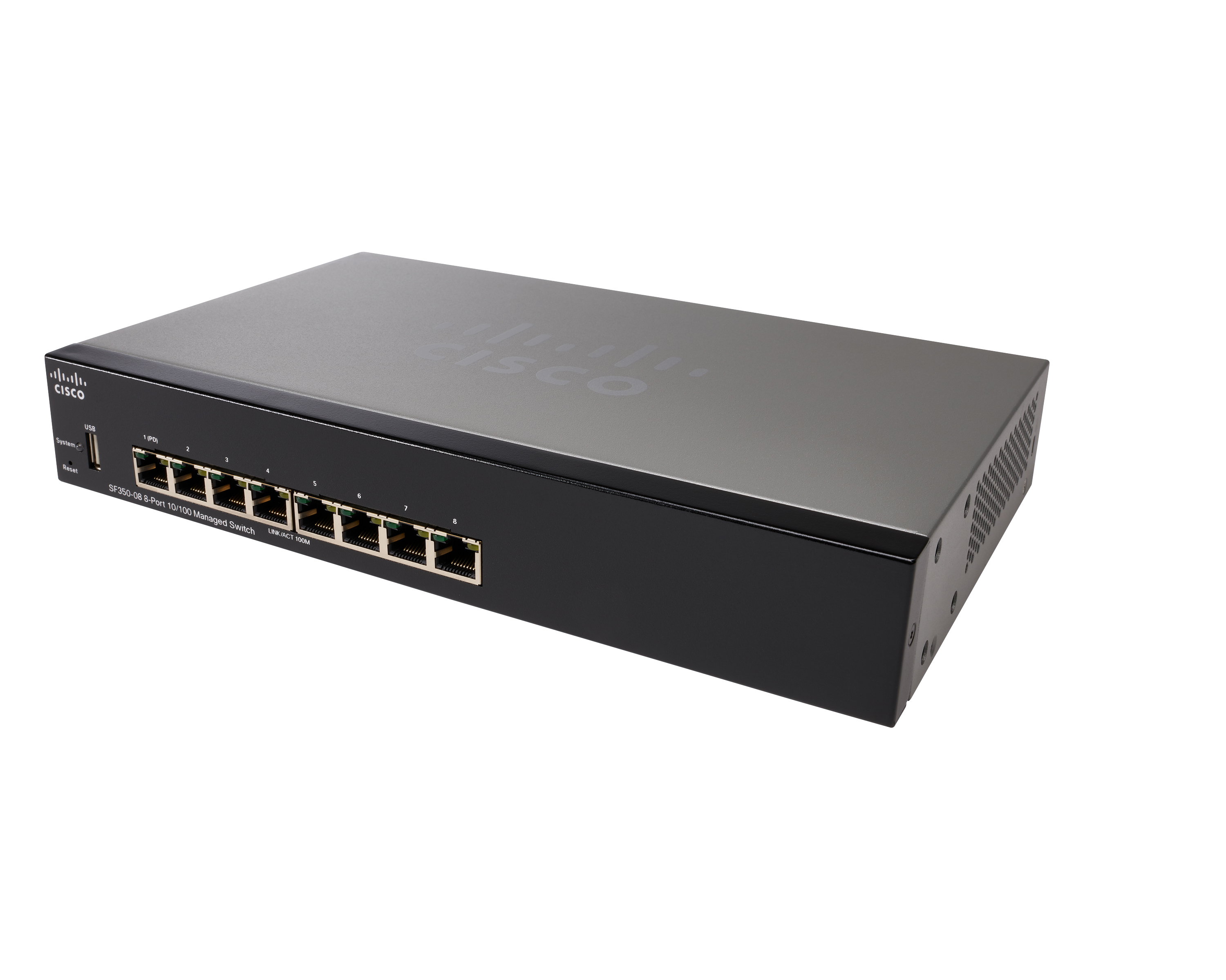 Schwarzer Cisco-Switch mit Anschlüssen. Cisco-Logo. Winkelansicht. Weißer Hintergrund.