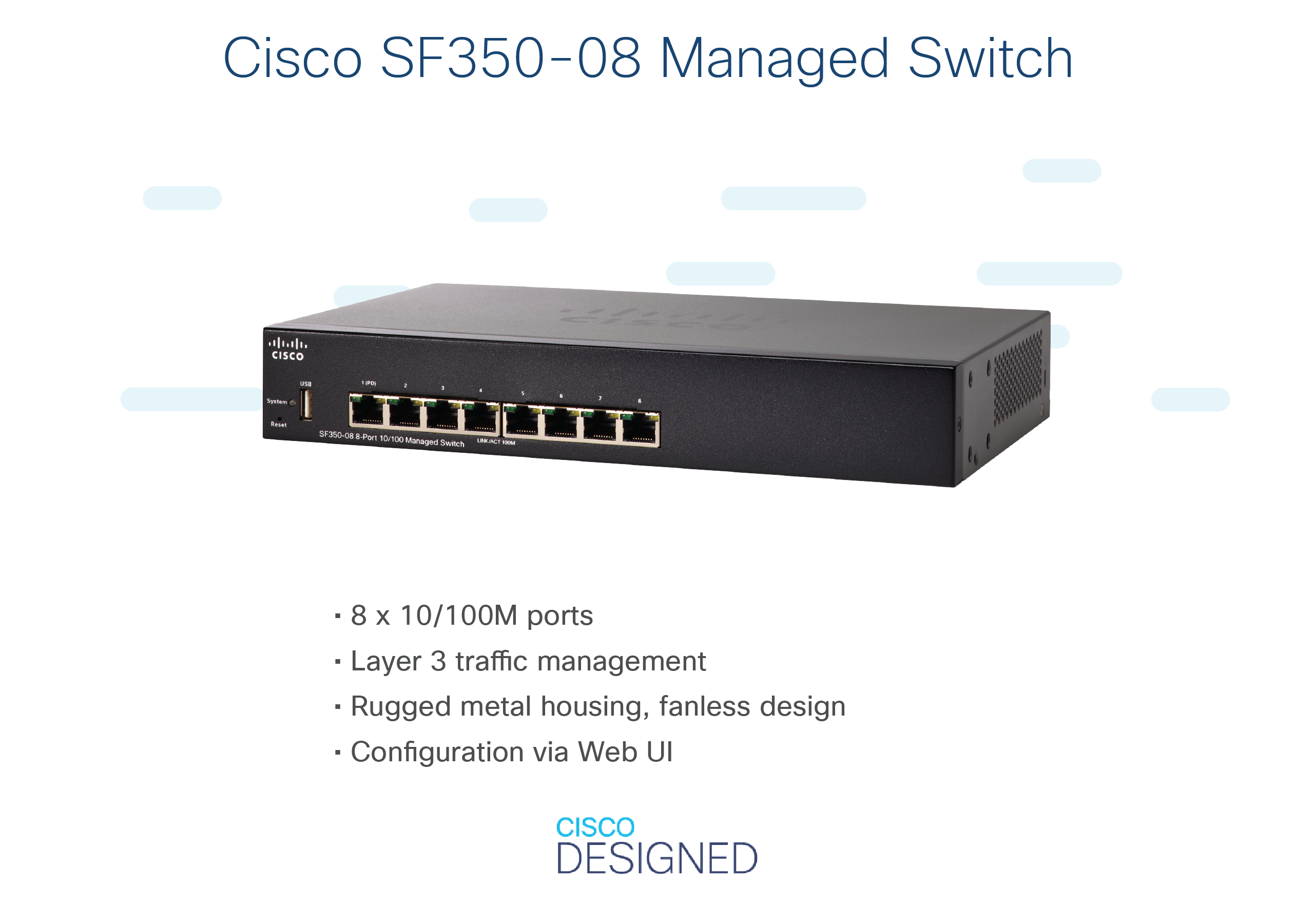 Schwarzer Cisco SF350-08 Managed Switch mit Spezifikationen: 8 Anschlüsse, Layer-3-Management, Metallgehäuse.