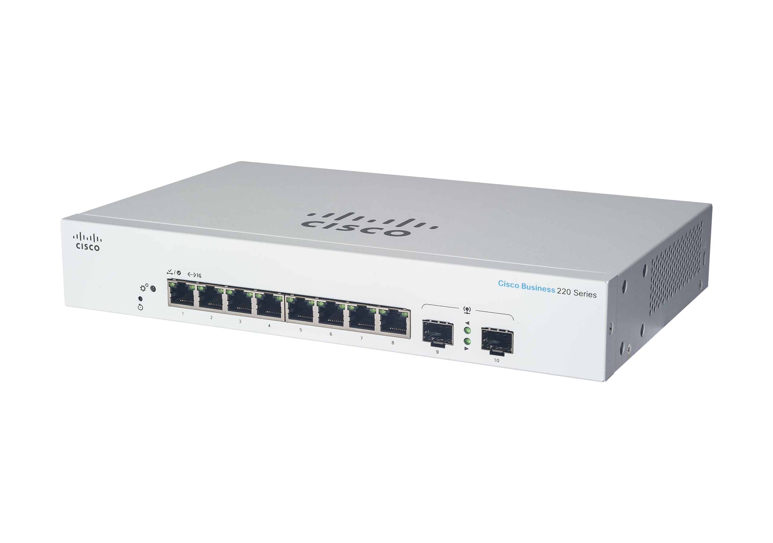 Switch bianco Cisco Business serie 220. Ha porte e il logo Cisco. Sfondo bianco.