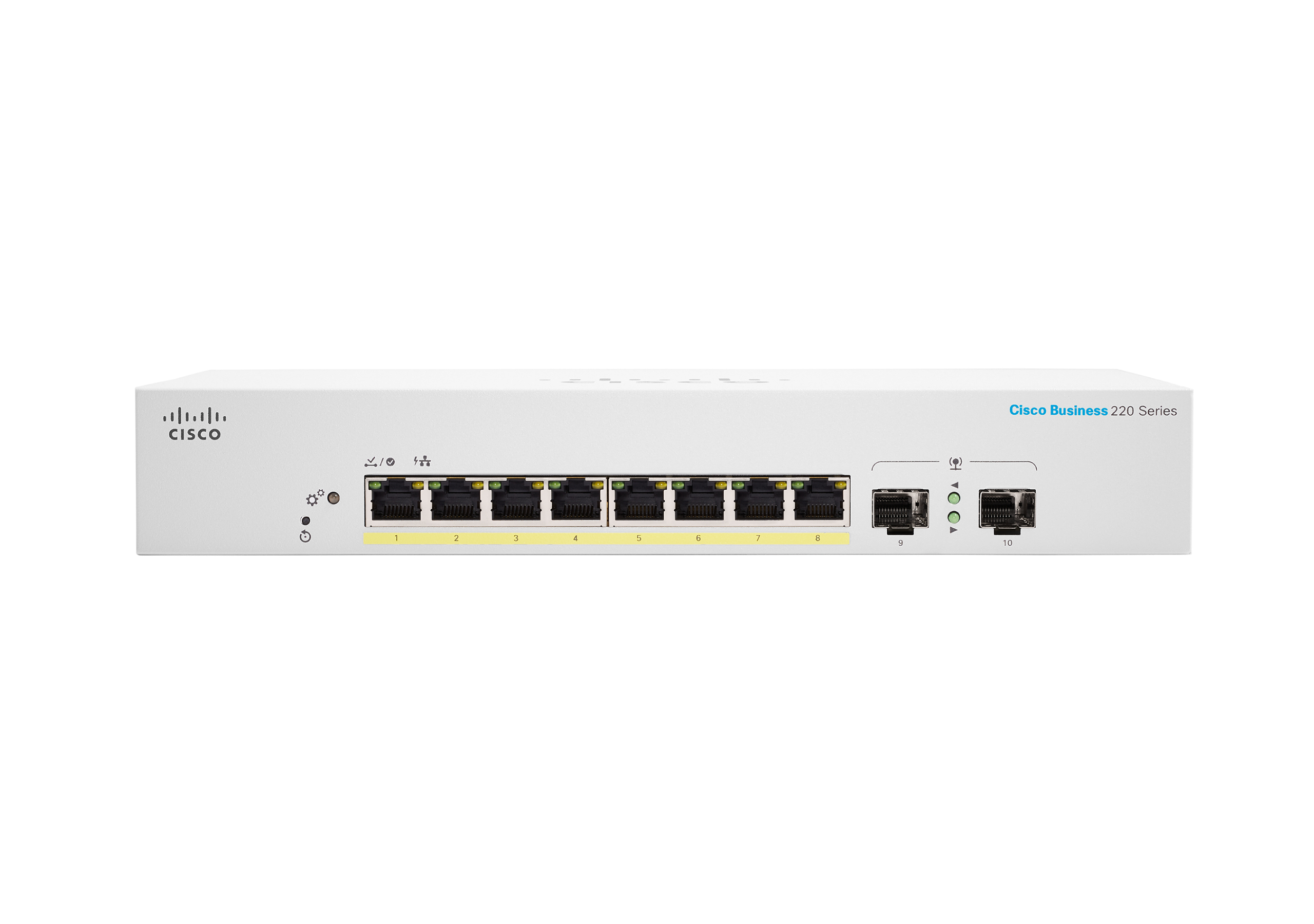 Switch bianco Cisco Business 220 Series con 10 porte su sfondo bianco.