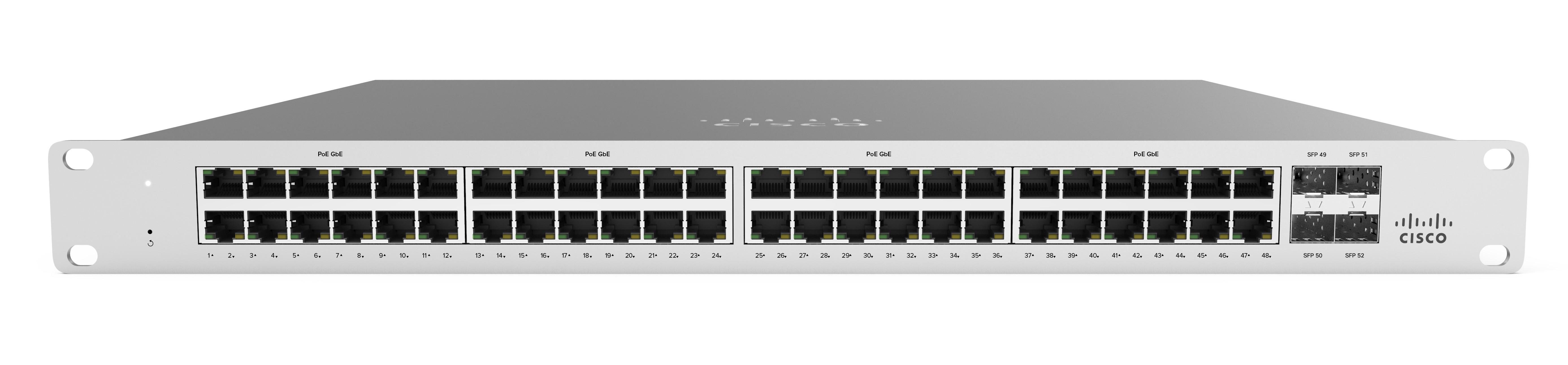 Silberner Cisco-Netzwerk-Switch mit zahlreichen Ports. Beschriftung und Cisco-Logo sind sichtbar.