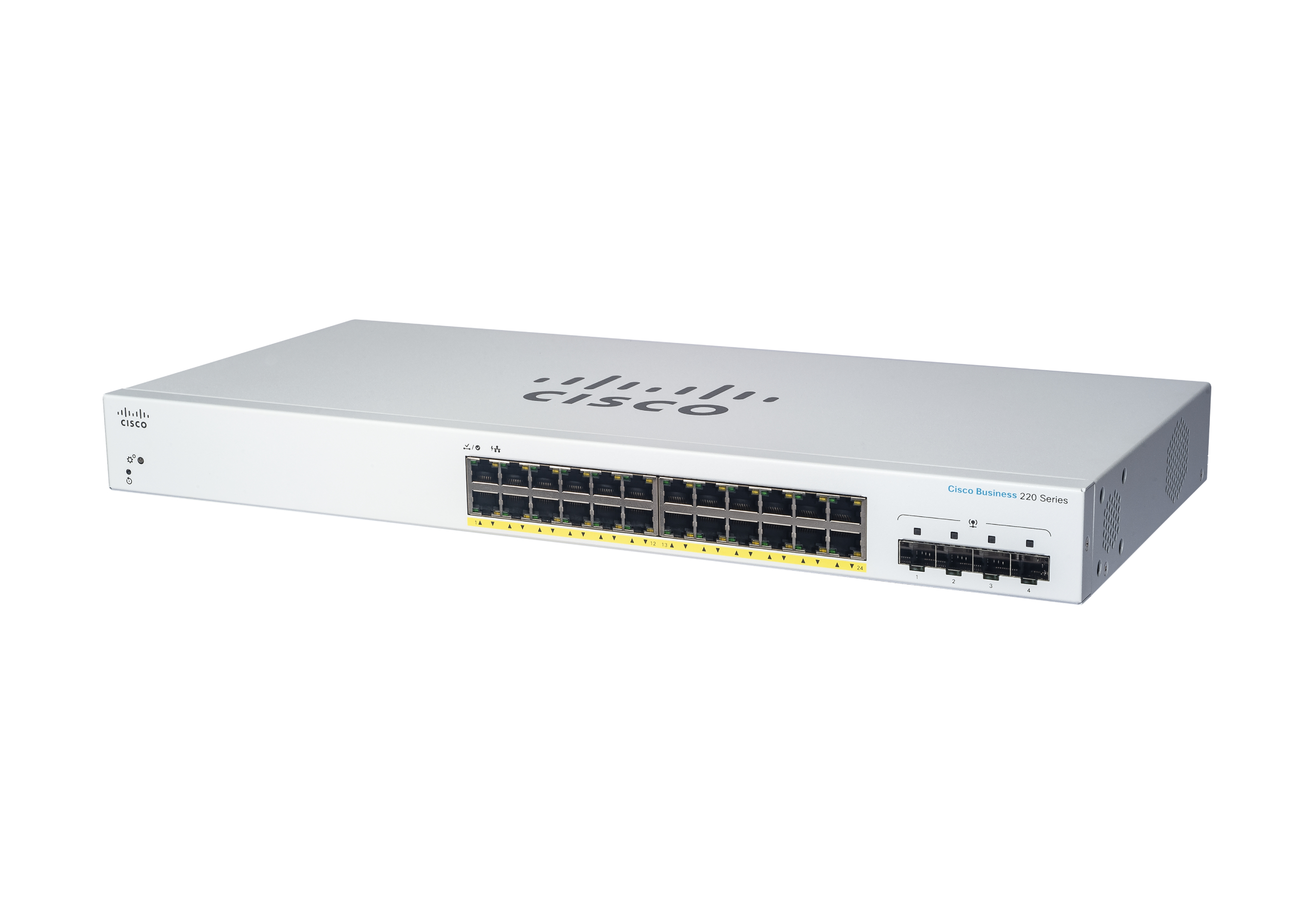 Switch Cisco bianco con porte. Logo Cisco in alto. Sfondo bianco.