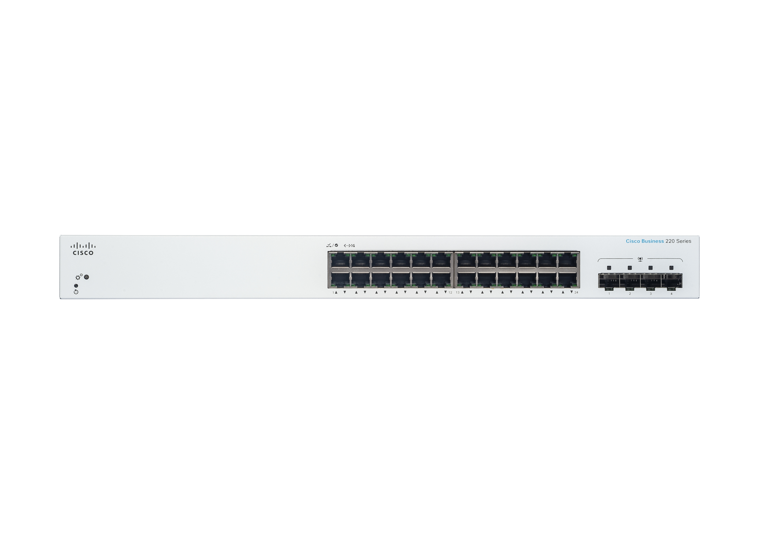 Uno switch Cisco Business serie 220 bianco con molte porte. È su sfondo bianco.