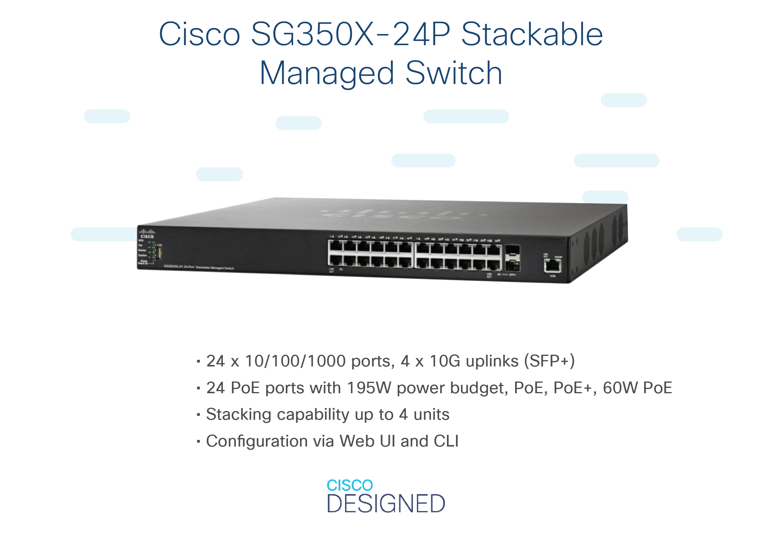 Schwarzer Cisco-Switch mit Anschlüssen und Text. Cisco-Logo oben. Weißer Hintergrund. Produktaufnahme.