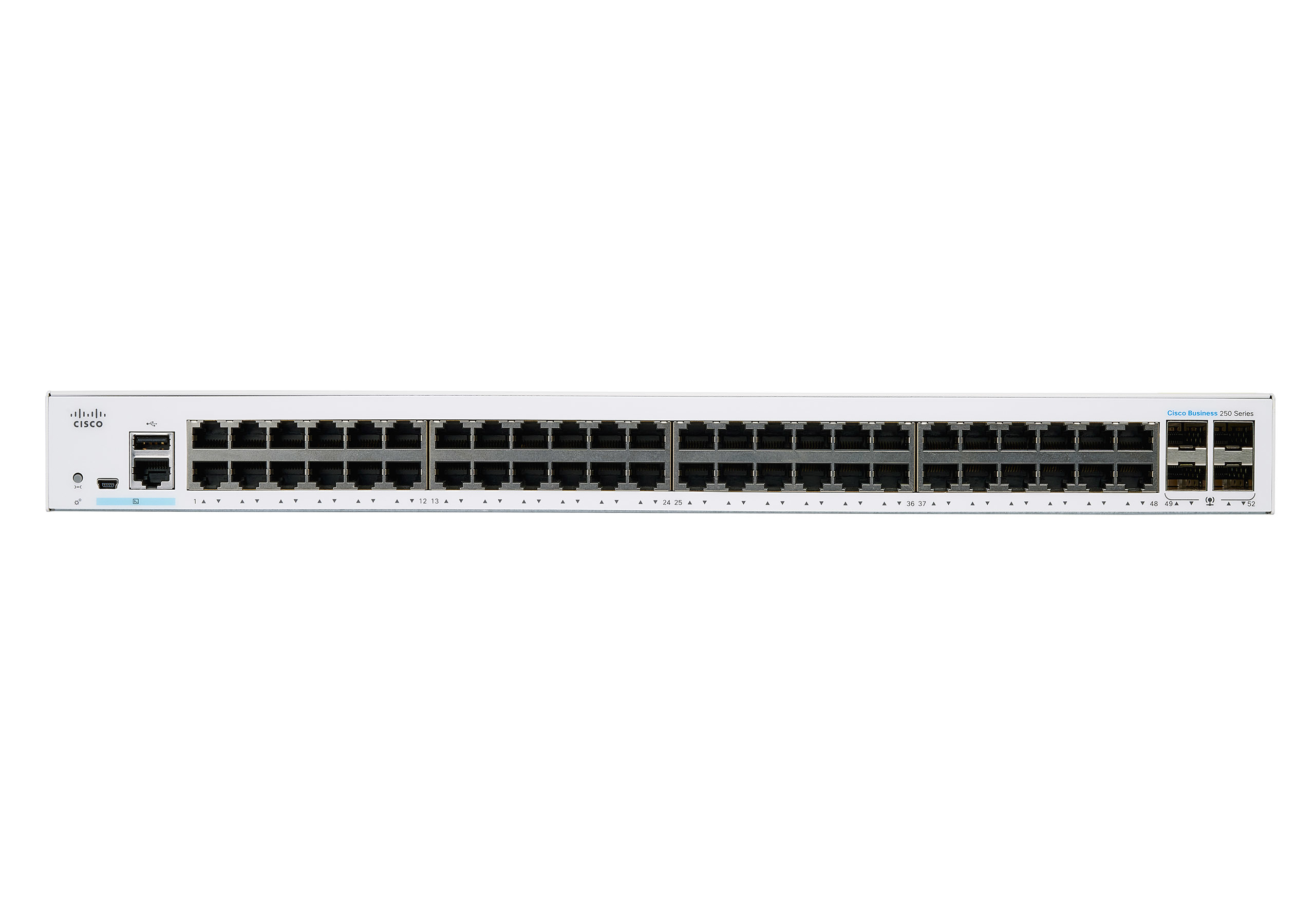 Weißer Cisco Business 350 Series Switch mit zahlreichen Anschlüssen und Cisco-Logo. Weißer Hintergrund.