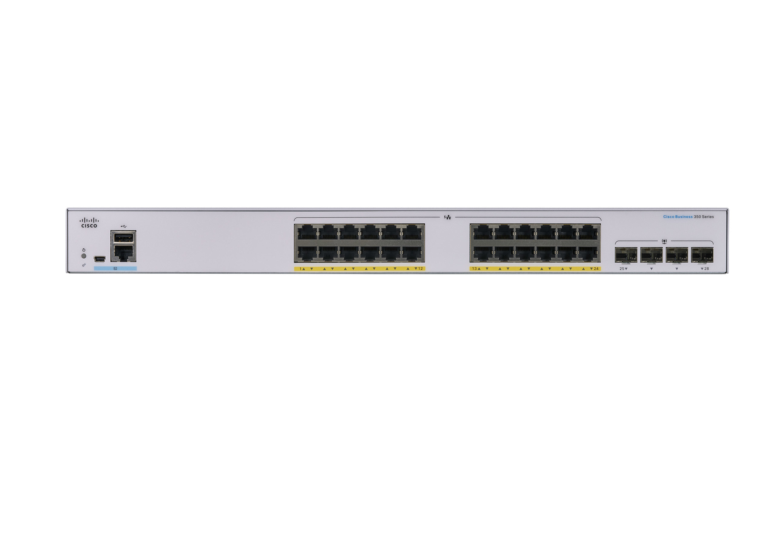 Uno switch bianco Cisco Business 250 Series con porte, isolato su sfondo bianco.