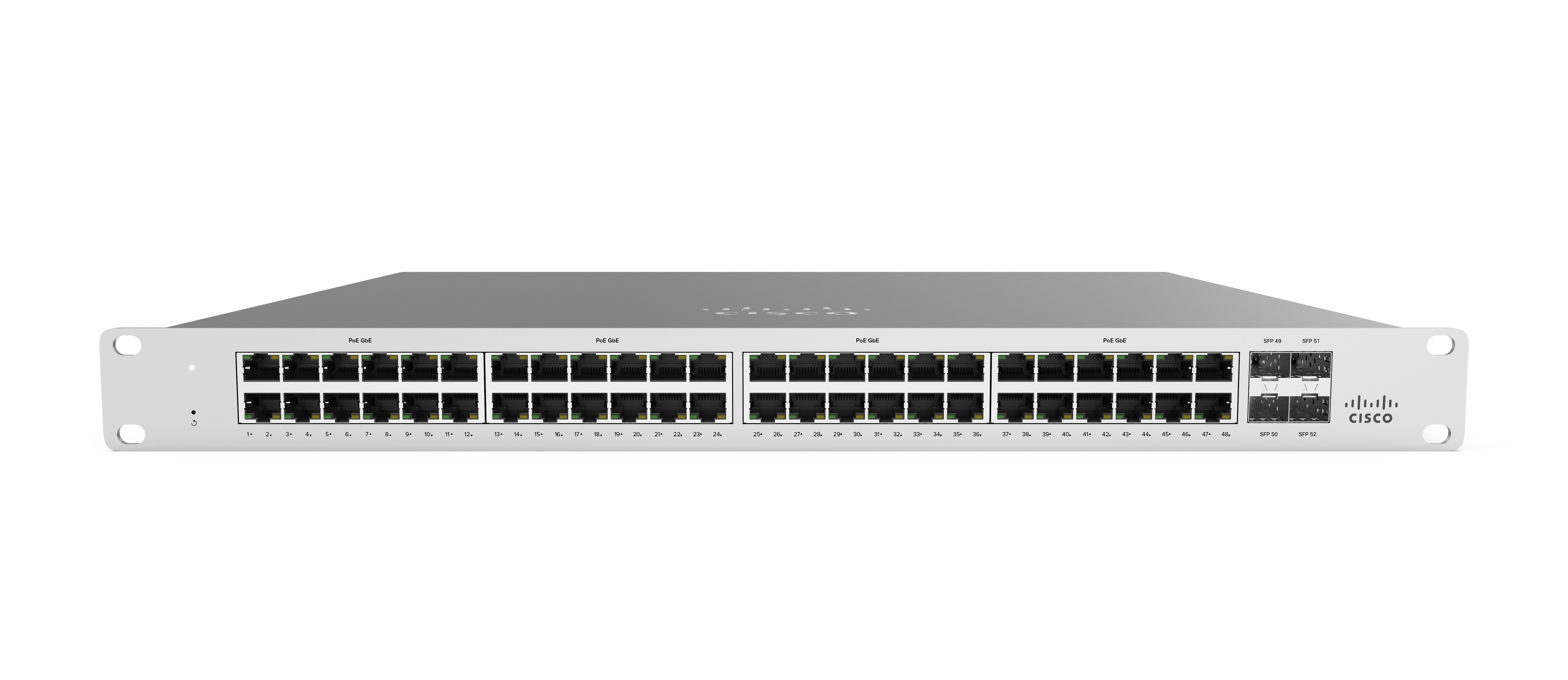 Silberner Netzwerk-Switch mit vielen Anschlüssen. Cisco-Logo sichtbar.