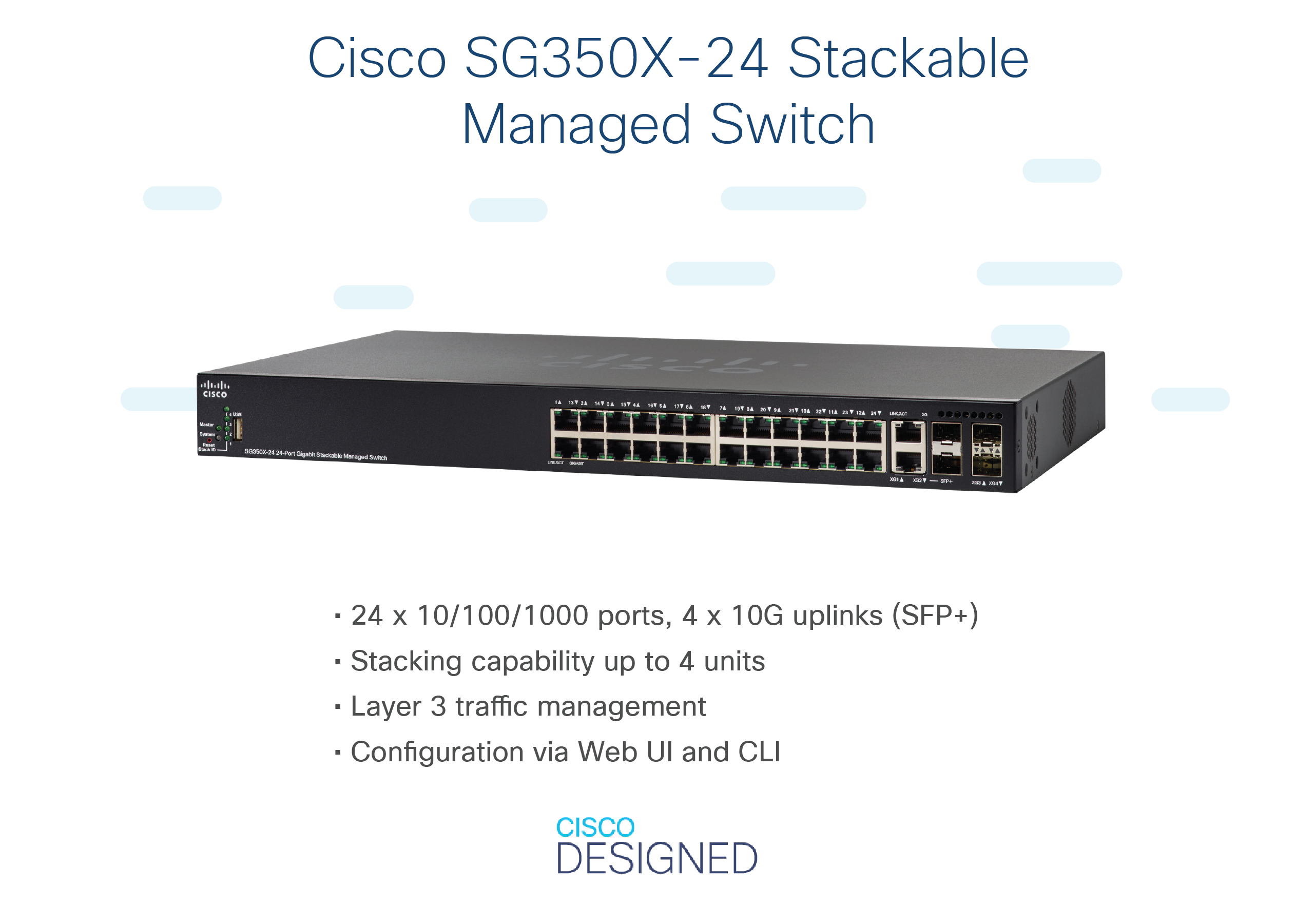 Schwarzer Cisco Managed Switch mit Text. Weißer Hintergrund.
